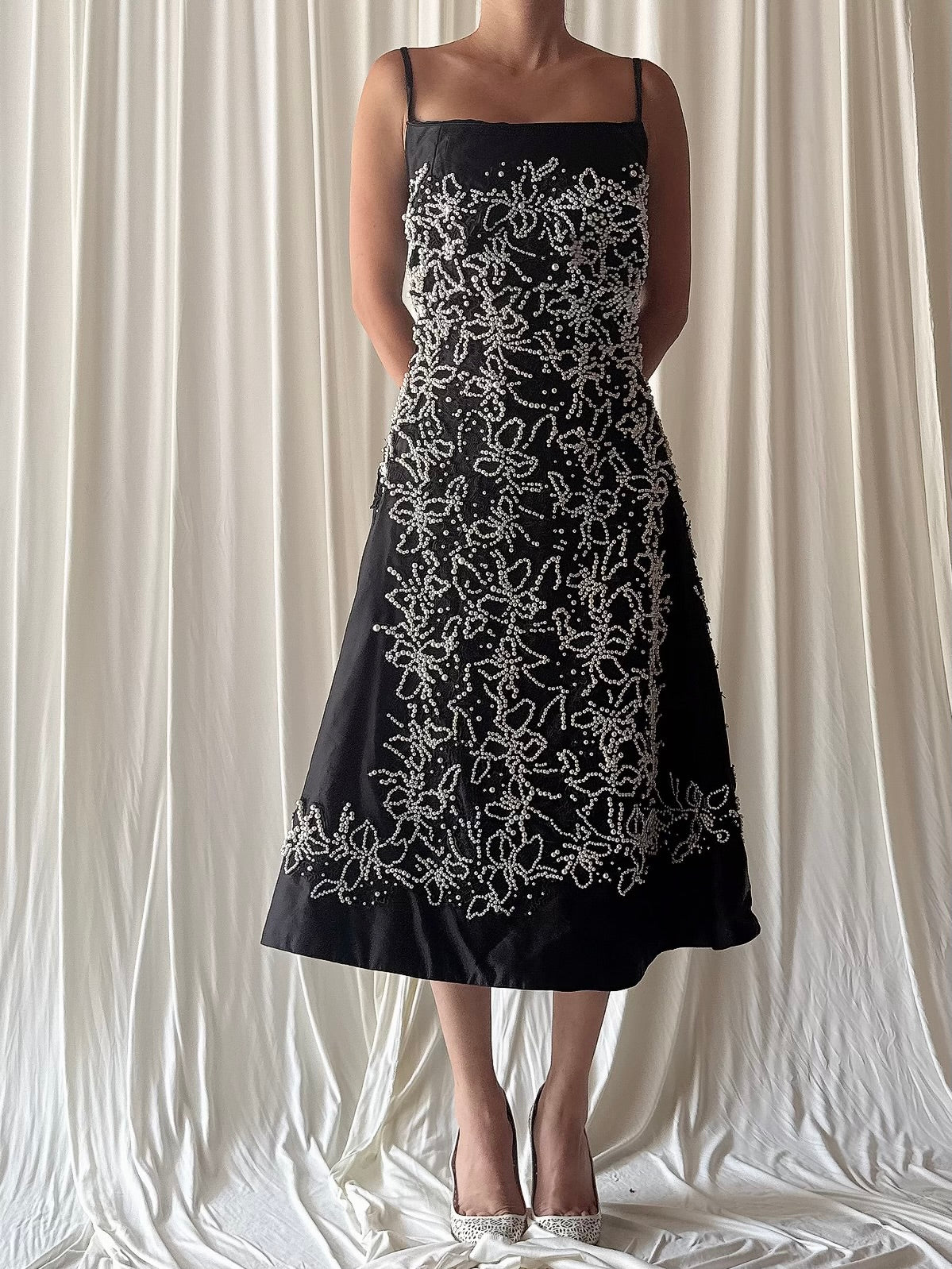 Vintage Silk Pearl Beaded Black Dress - L