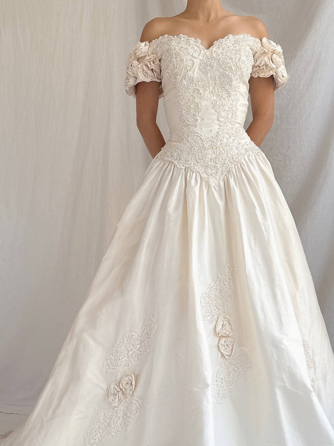 Vintage Silk Rosette Off-the-Shoulder Gown - M