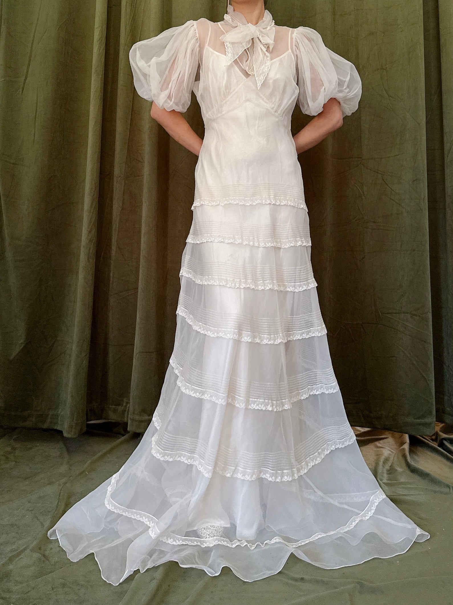 1930s Silk Organza Puff Sleeve Gown - XS