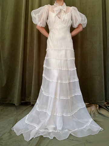 1930s Silk Organza Puff Sleeve Gown - XS