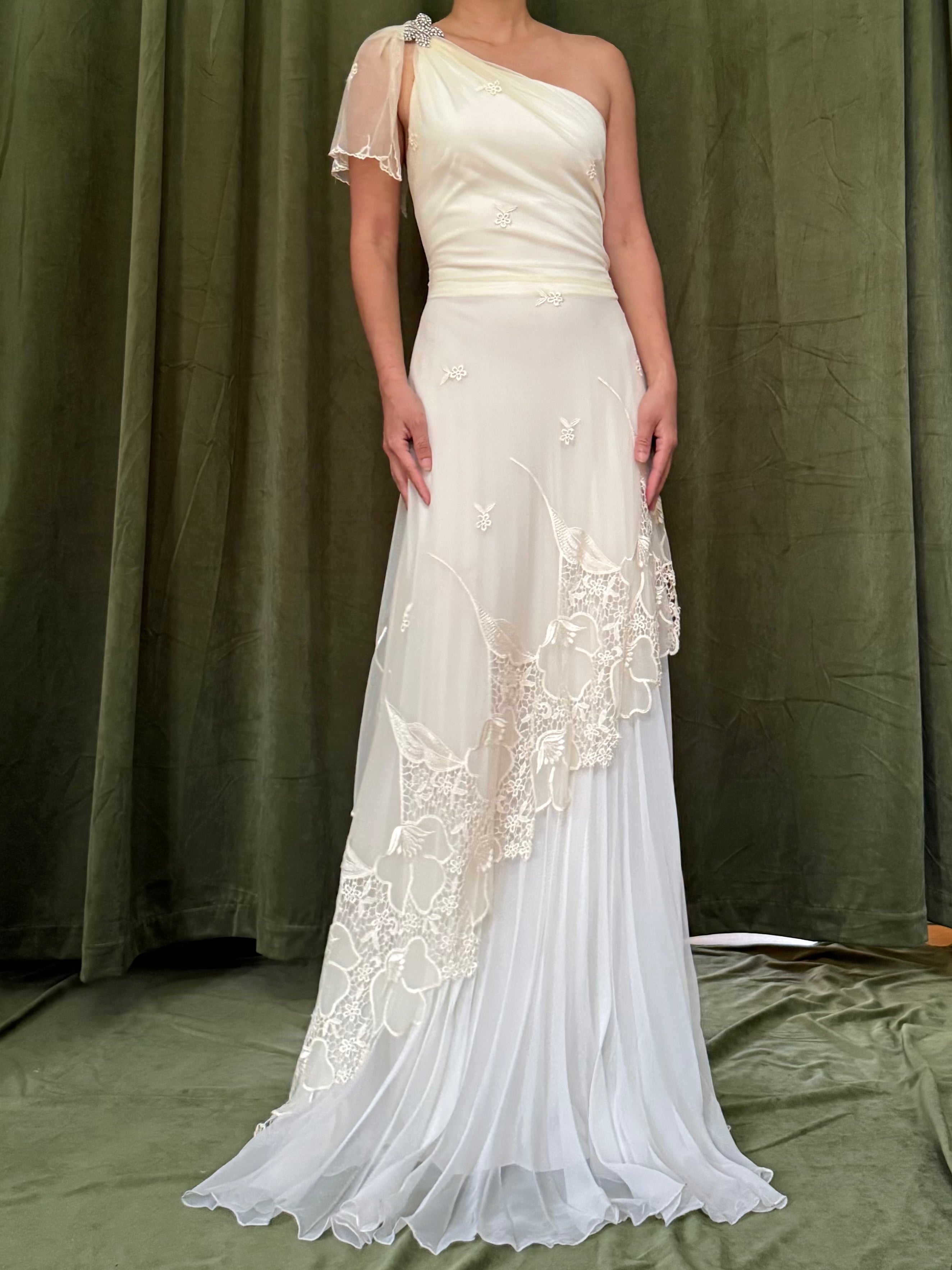 Vintage Rayon Tulle Chiffon One Shoulder Gown - S/4