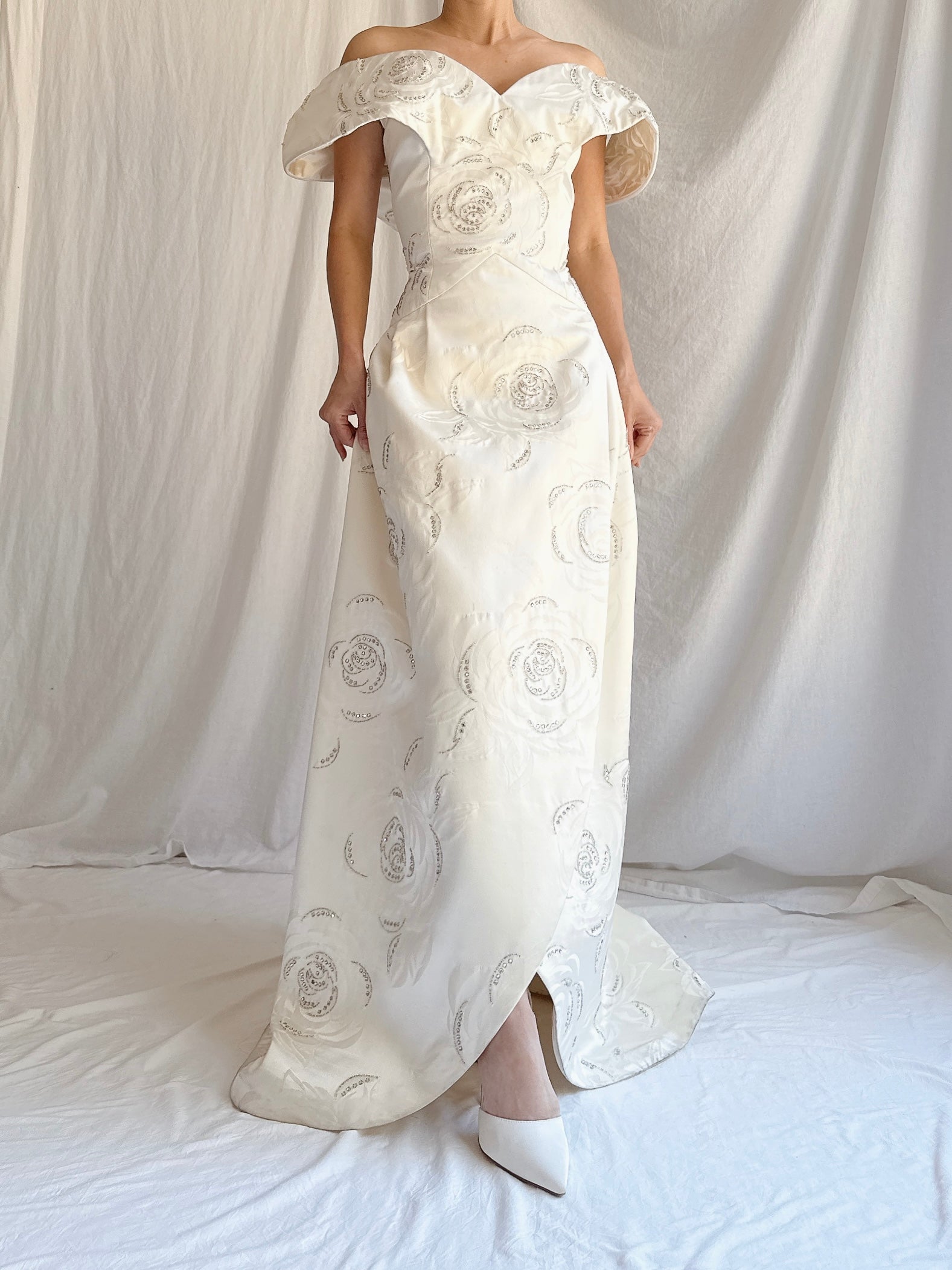 1980s Satin Rhinestone Roses Gown - M/L
