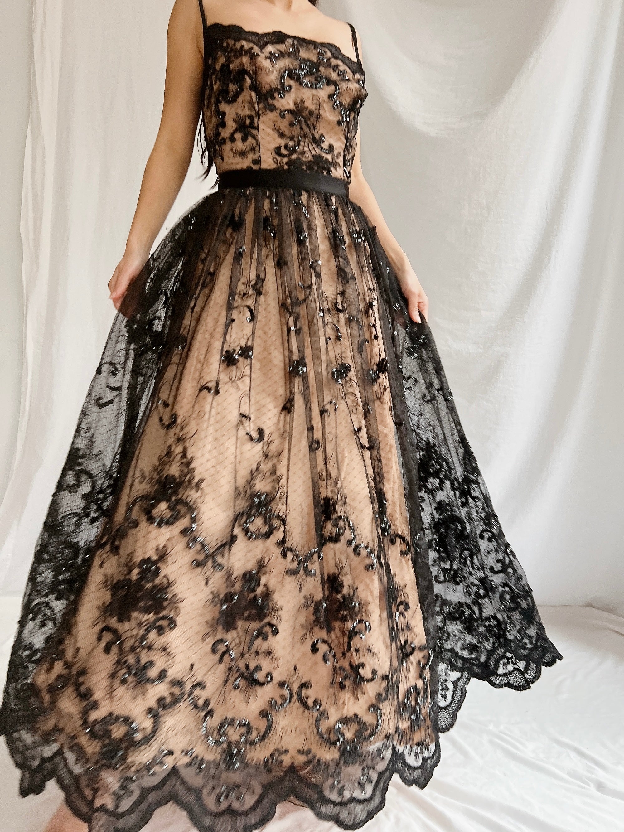 Vintage Nude and Black Lace Dress - S