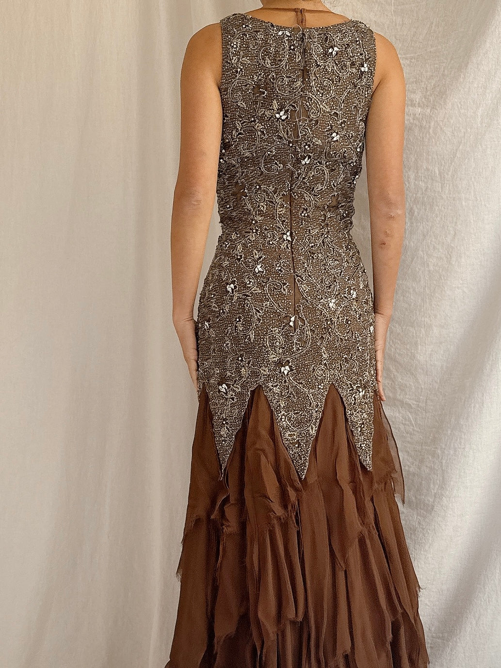 Vintage Stephen Yearrick Silk Raw Hem Beaded Gown - M/6