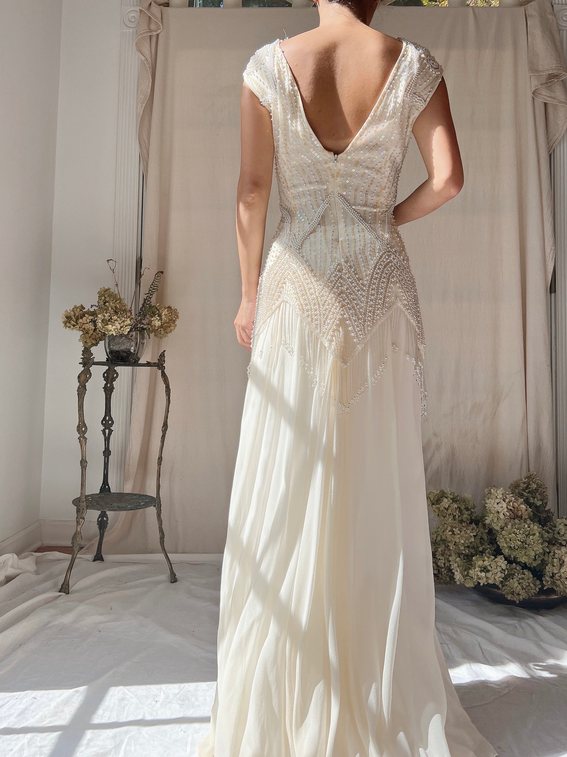Vintage Silk Chiffon Pearl Fringe Dress - M(US 6/8)