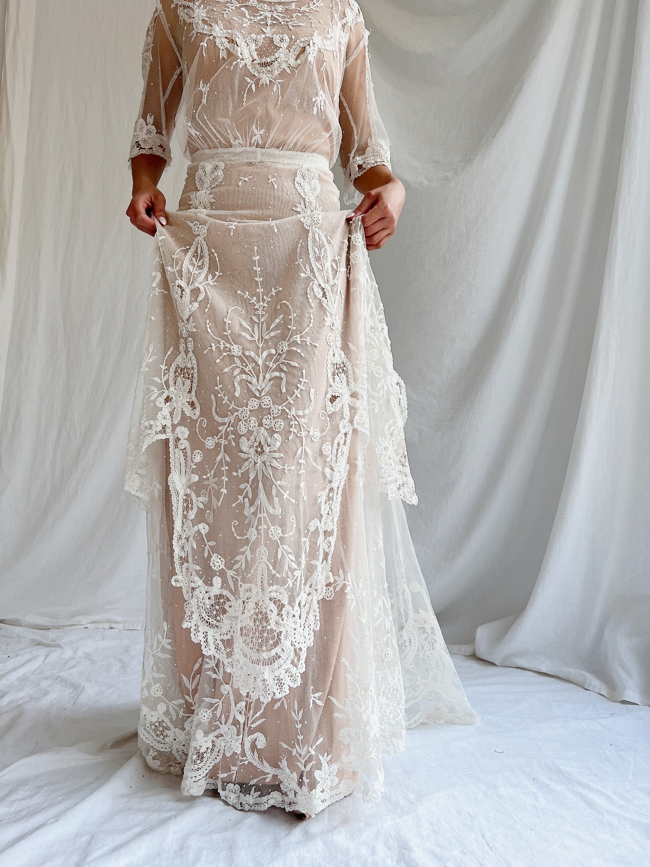 Antique Duchesse Lace Gown with Silk Slip - S