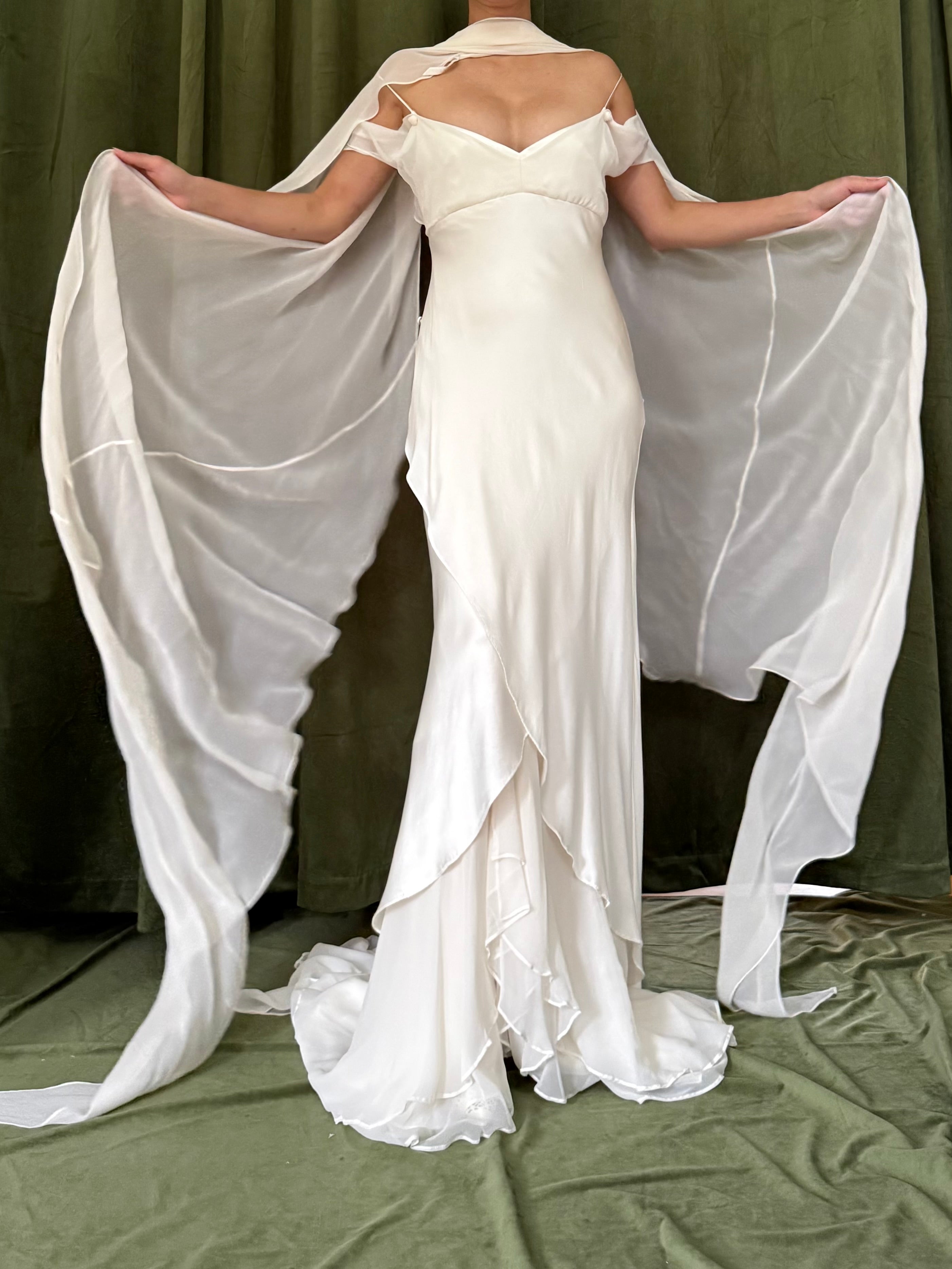1990s Silk Chiffon Charmeuse Gown w/Scarf - M