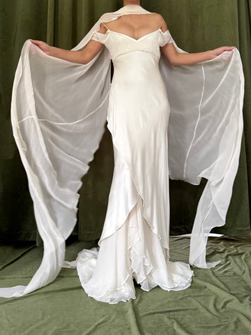 1990s Silk Chiffon Charmeuse Gown w/Scarf - M