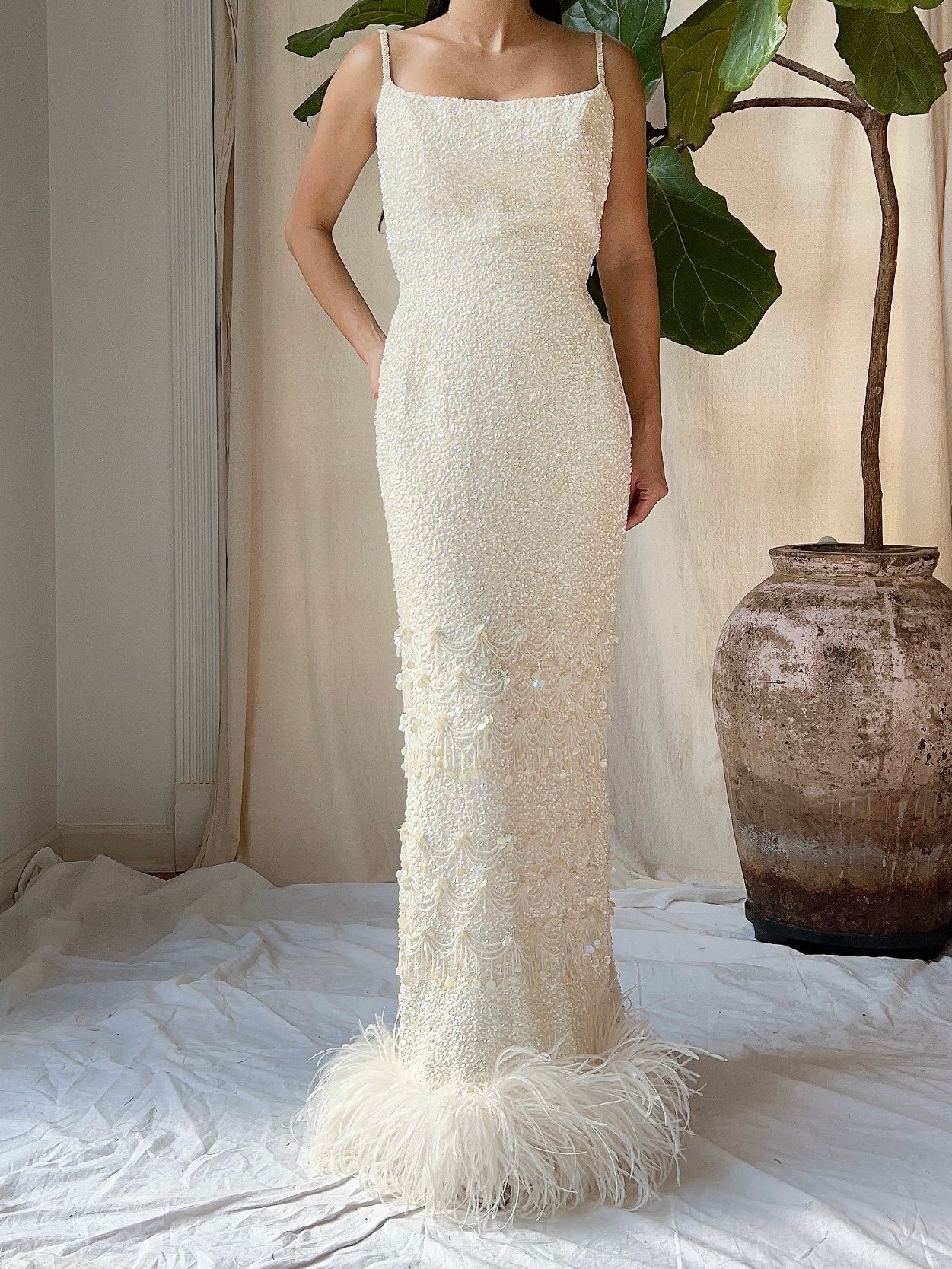 1960s Sequins Feather Hem Gown - SM