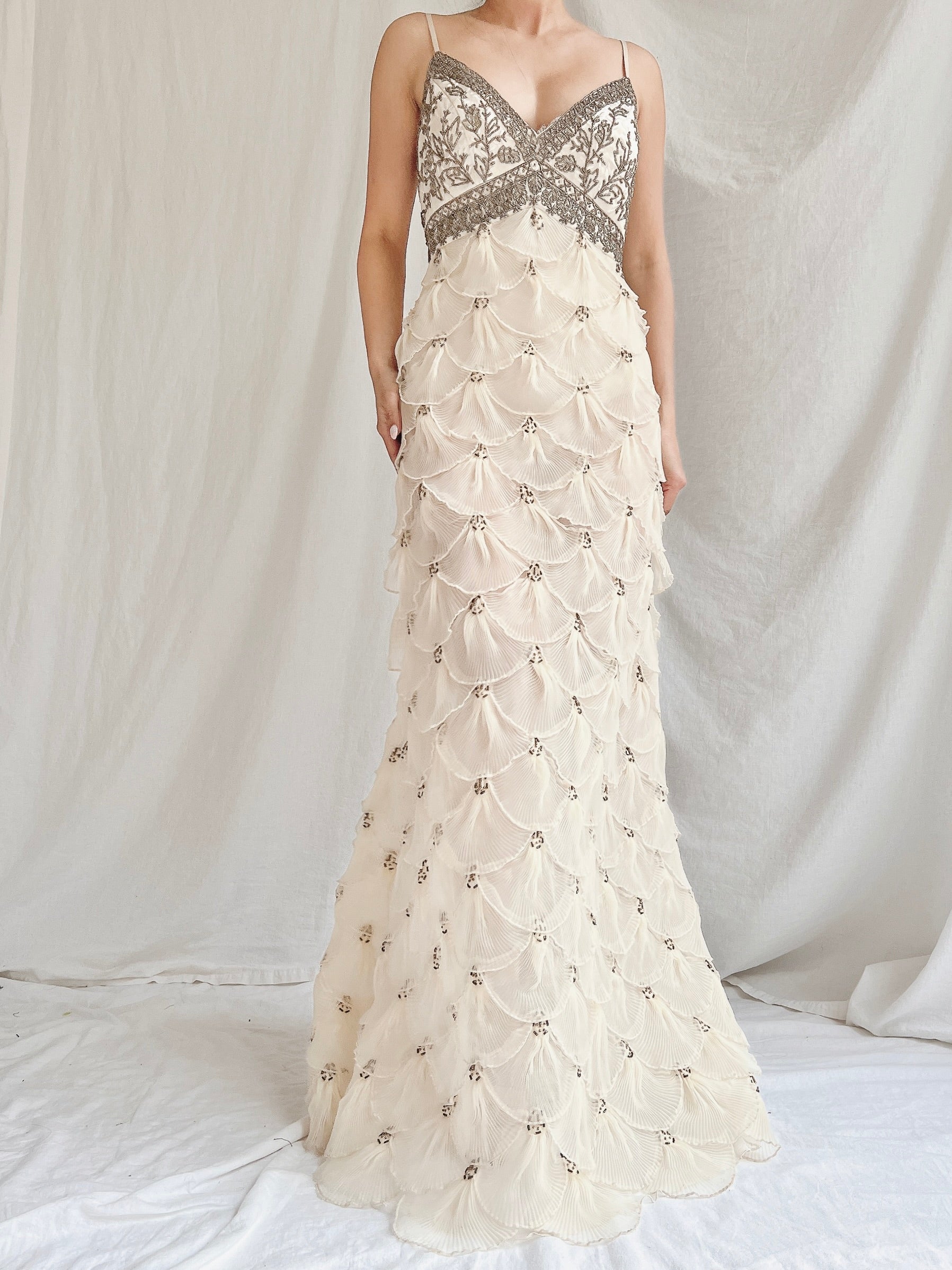 Vintage Pleated Petal Beaded Bodice Dress - S (US 4/6)