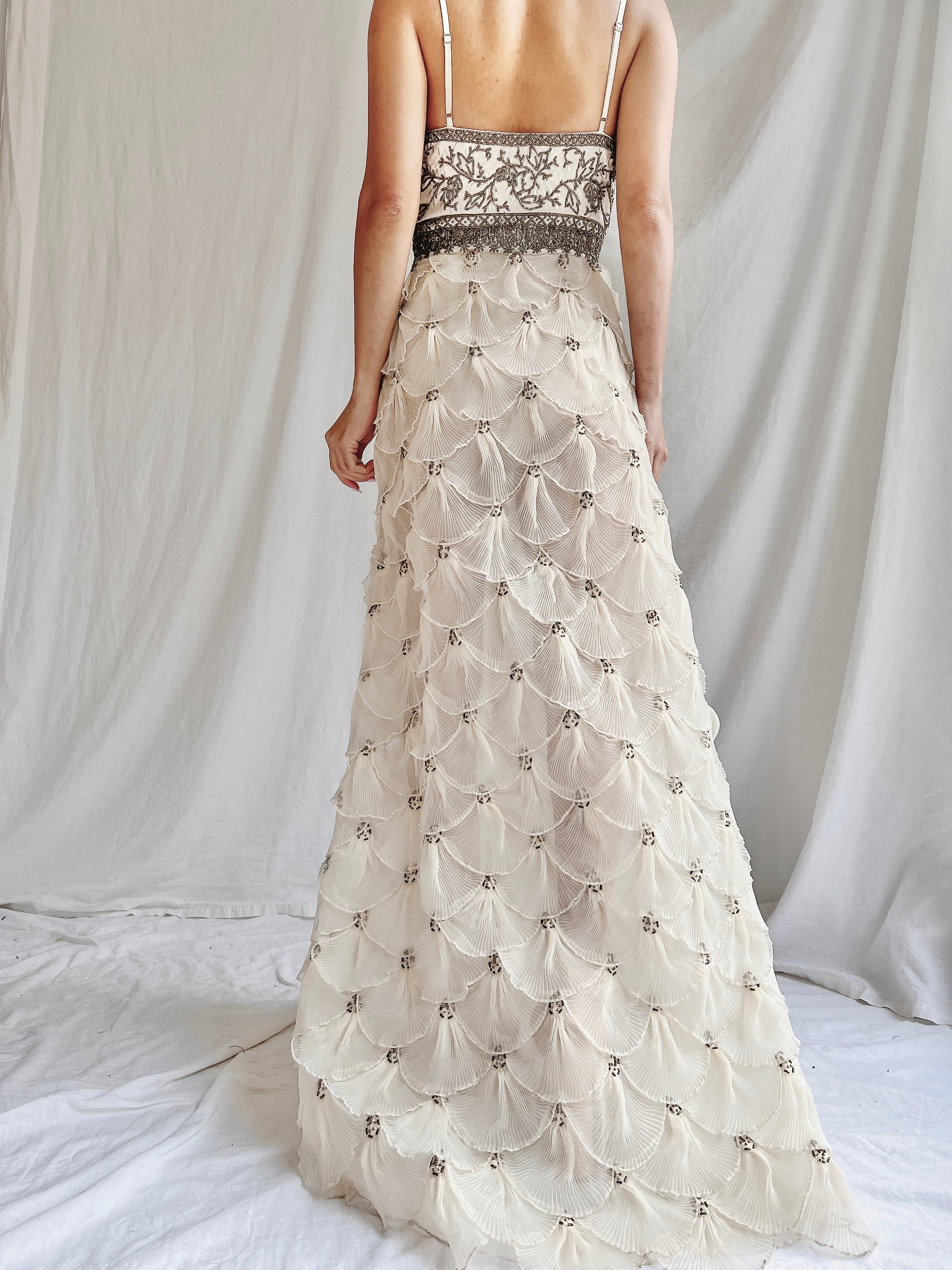 Vintage Pleated Petal Beaded Bodice Dress - S (US 4/6)