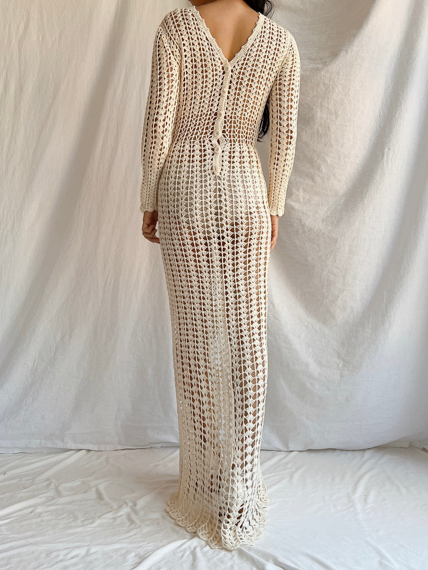 1970s Reversible Crochet Long Sleeve Dress - S