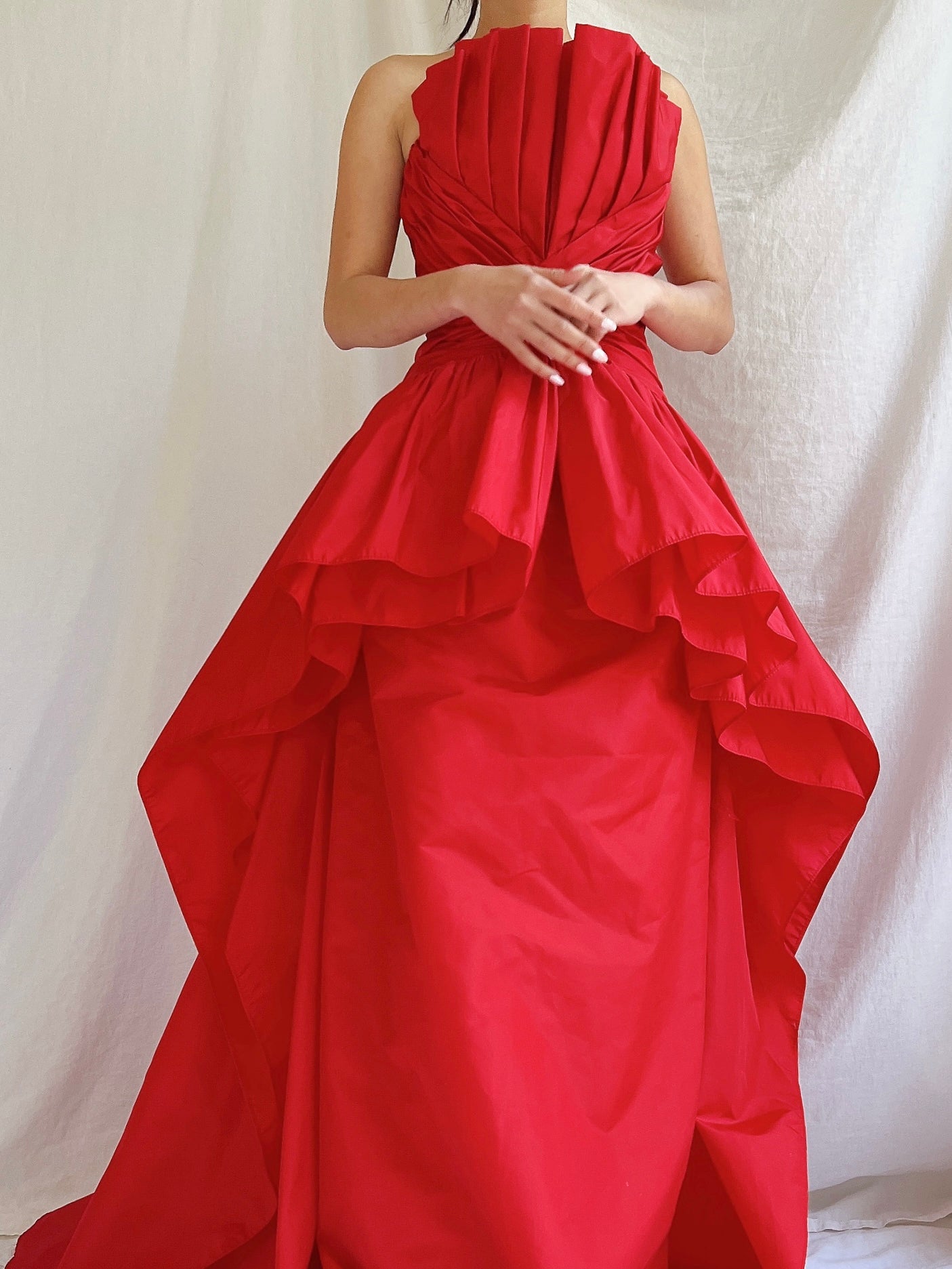 Vintage Victor Costa Rose Red Pleated Column Gown - M