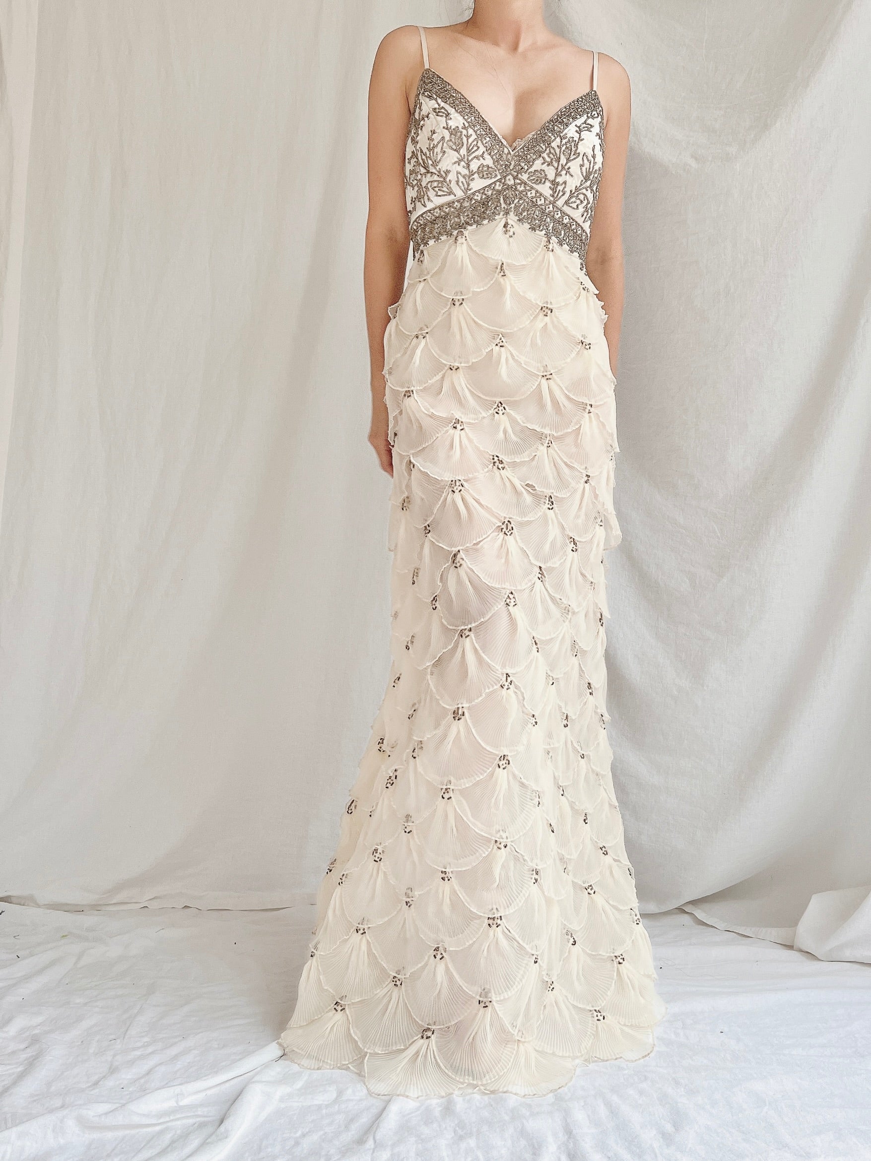 Vintage Pleated Petal Beaded Bodice Dress - S (US 4/6)