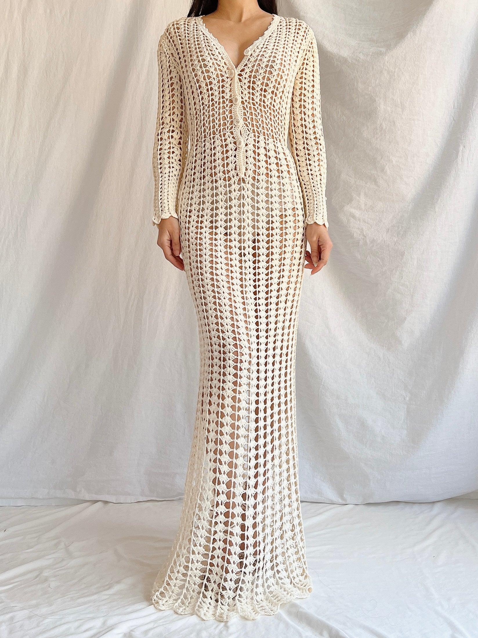 1970s Reversible Crochet Long Sleeve Dress - S