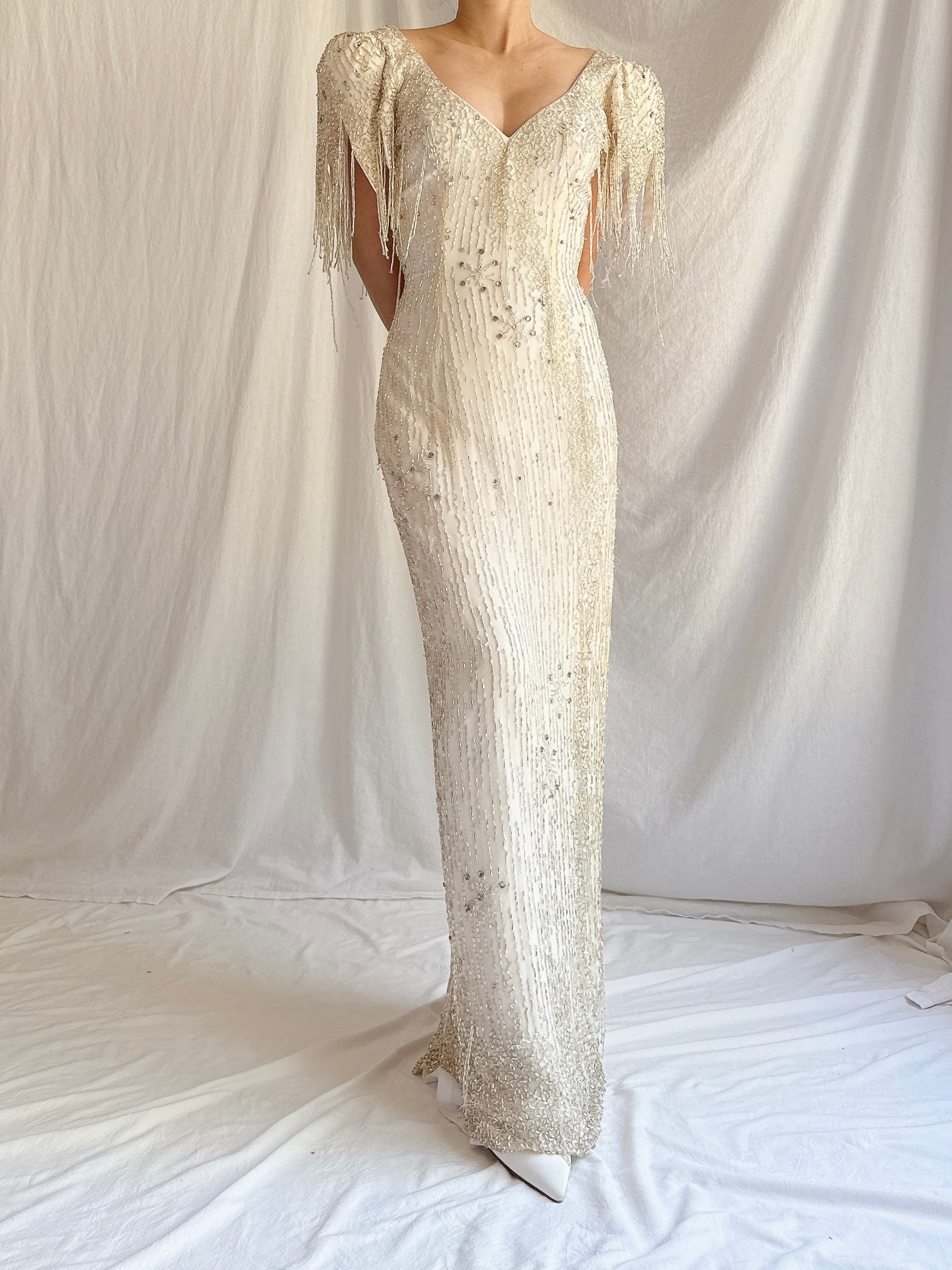 1980s Silk Chiffon Beaded Tassel Gown - S