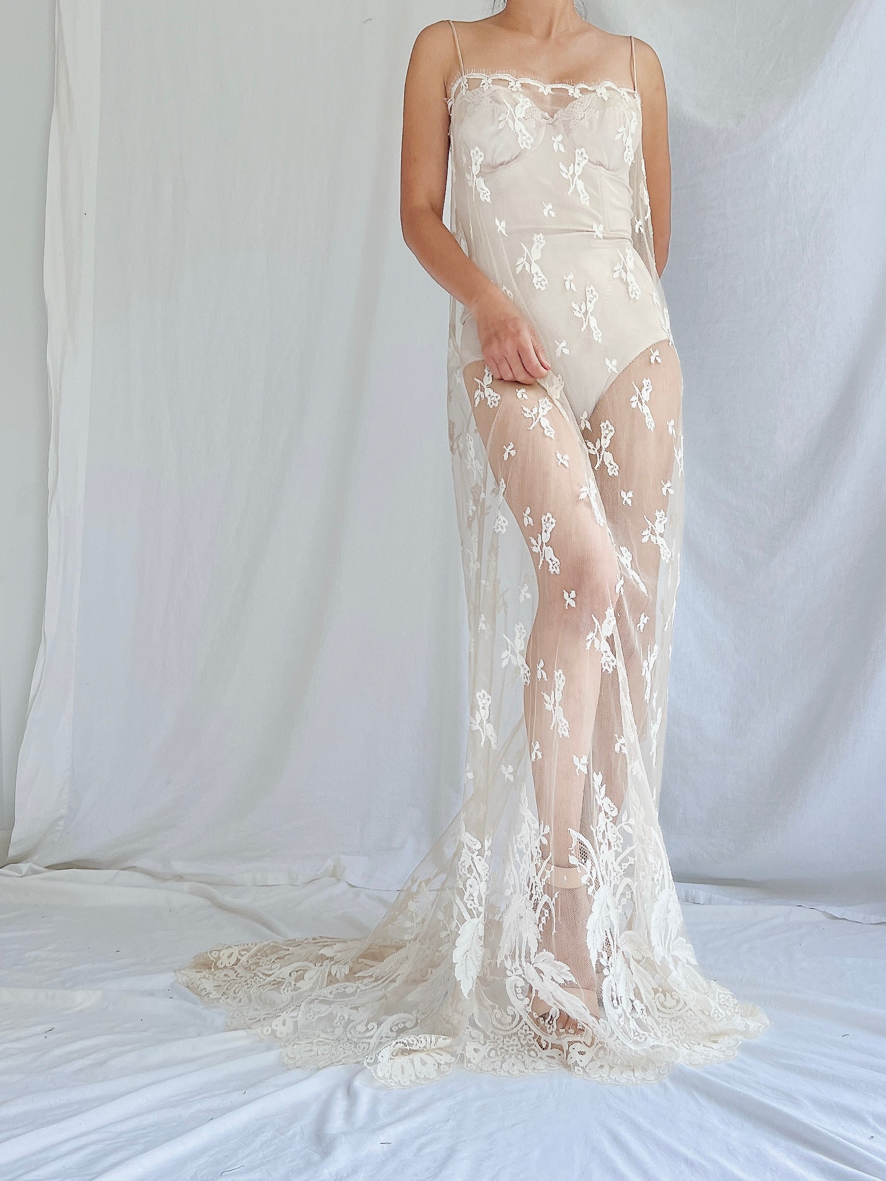 Vintage Ecru Silk Lace Slip Dress - S-M