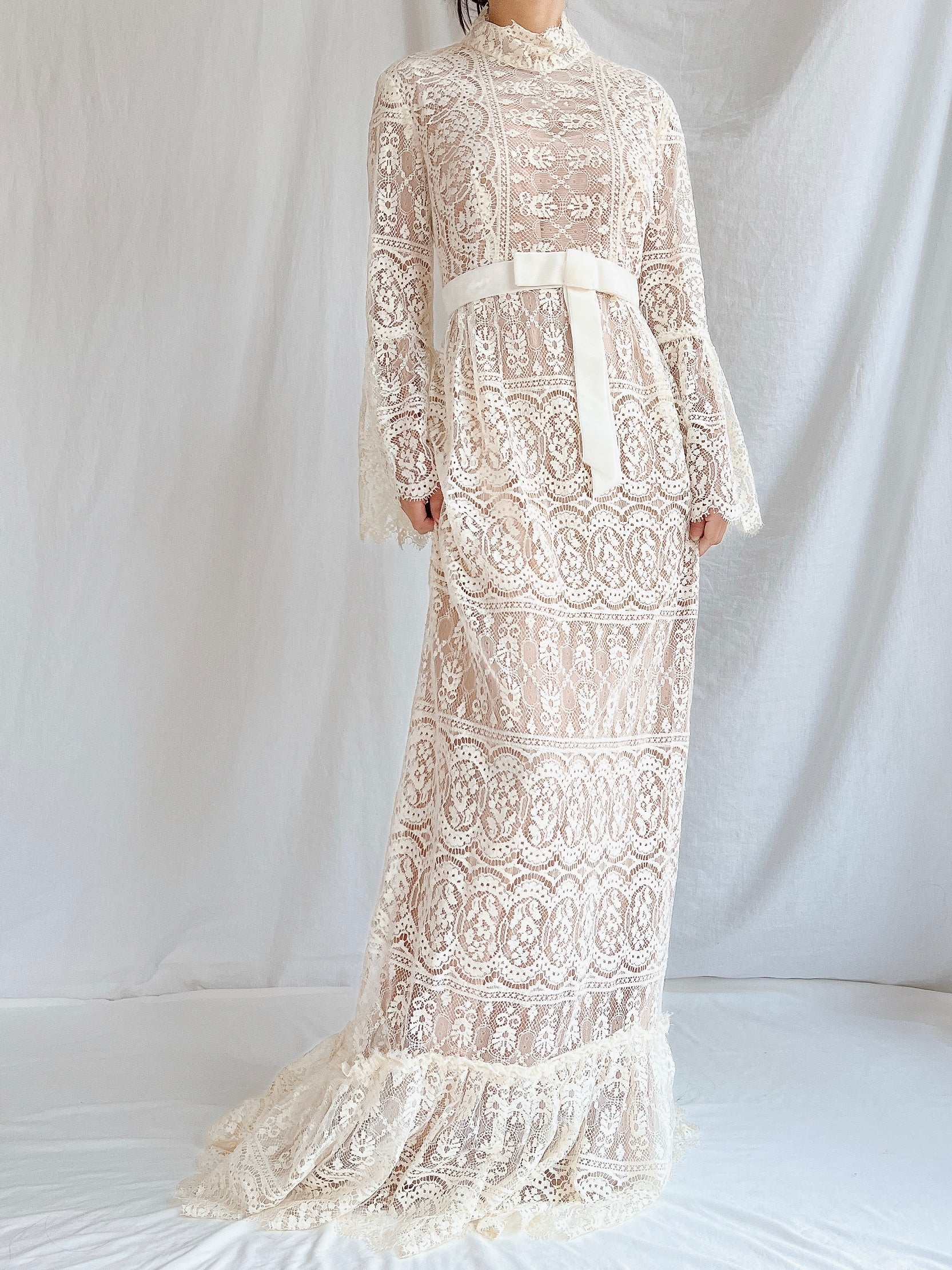1970s Sheer Filet Lace Gown - M
