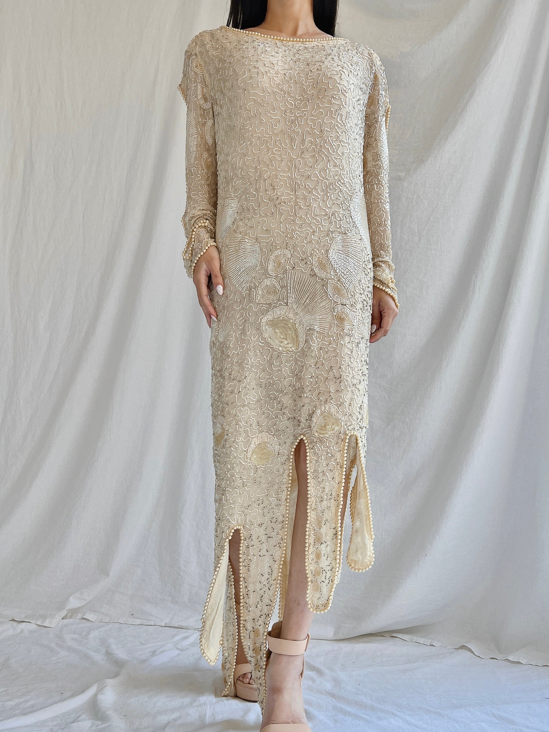 1970s Silk Beaded Dress - M