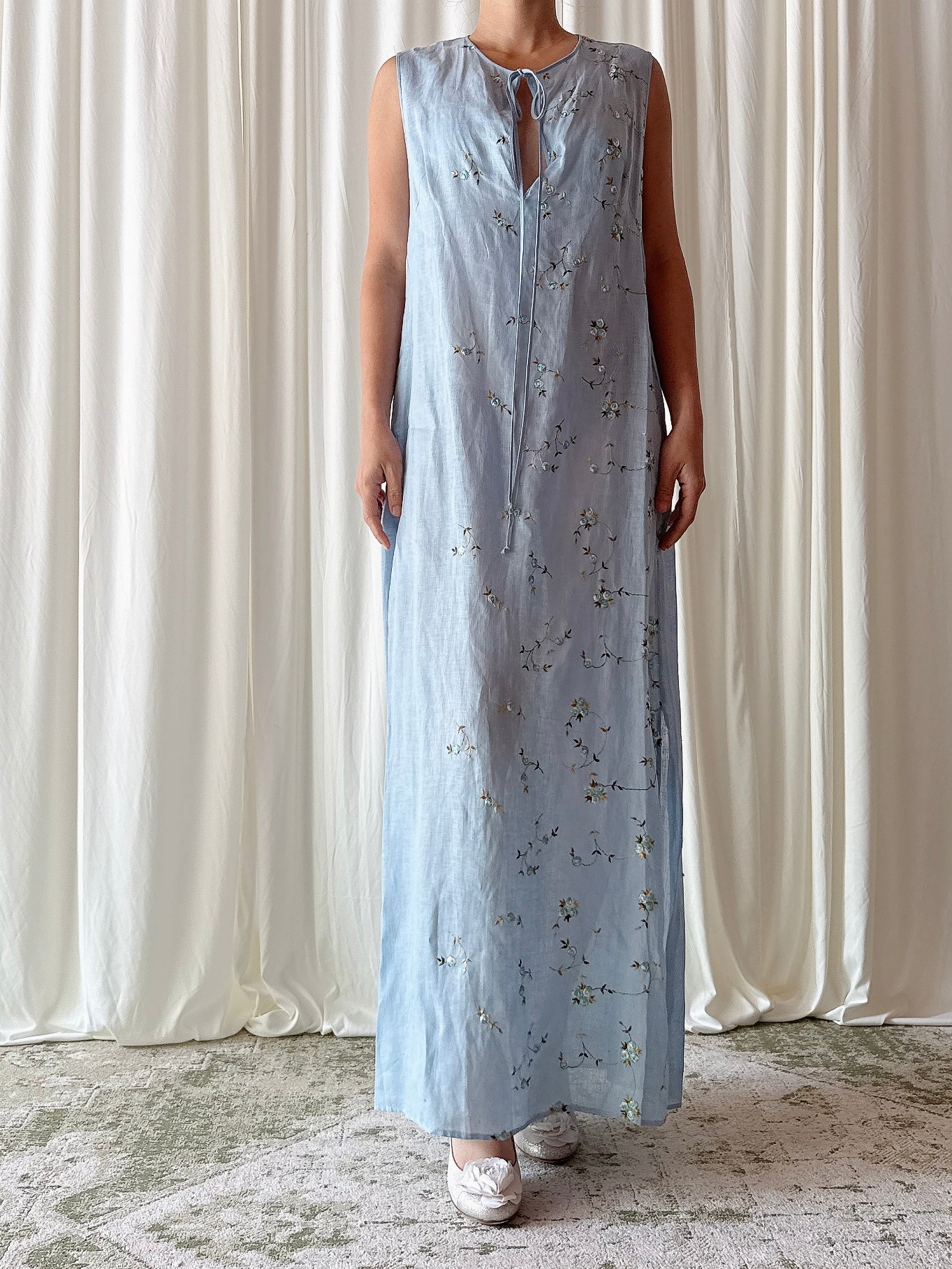 Vintage Blue Linen Embroidered Dress - FR 44