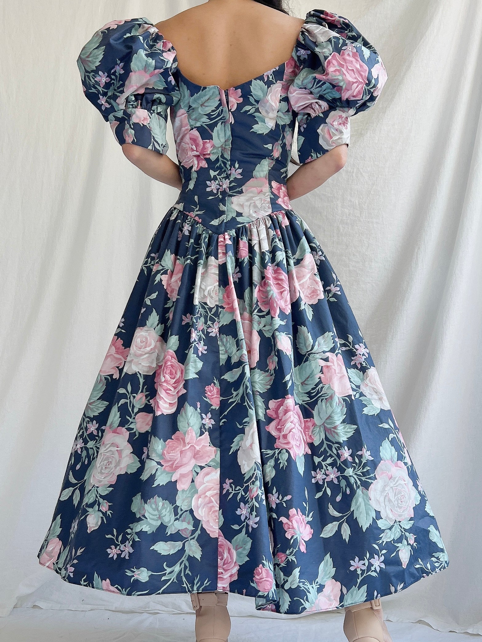 1980s Navy Puff Sleeve Dress - XS