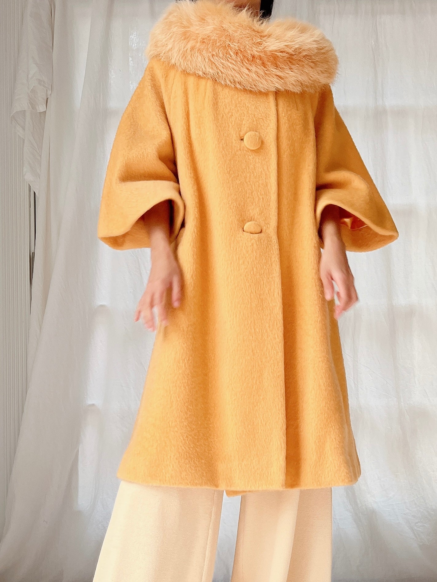 1960s Rare Marigold Wool Fox Fur Collar Coat - M