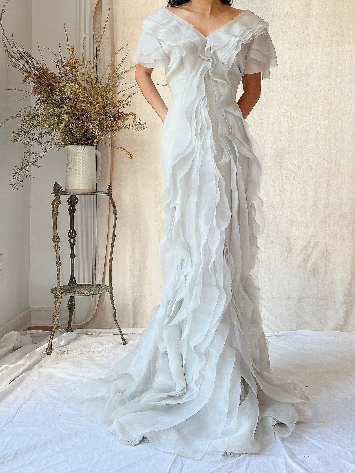 Vintage J. Mendel Smoke Gray Silk Organza Ruffle Gown - M/L 8/10