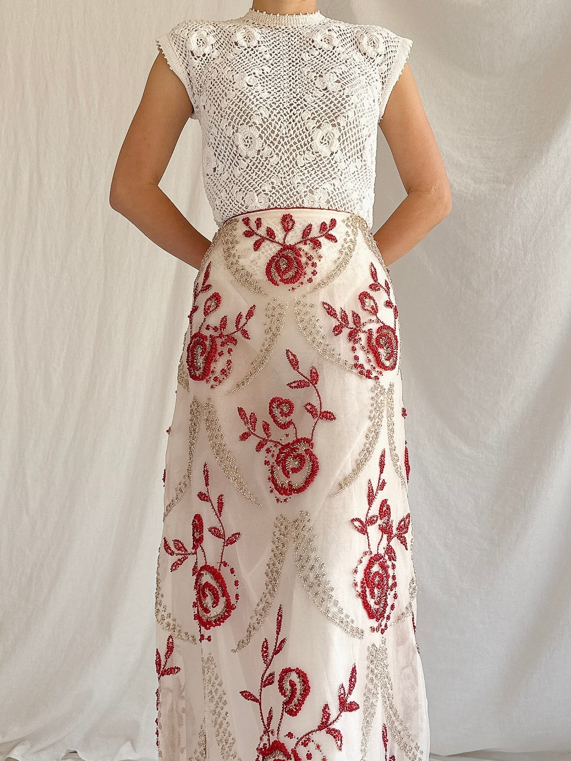 Vintage Handmade Beaded Organza Skirt - 28”