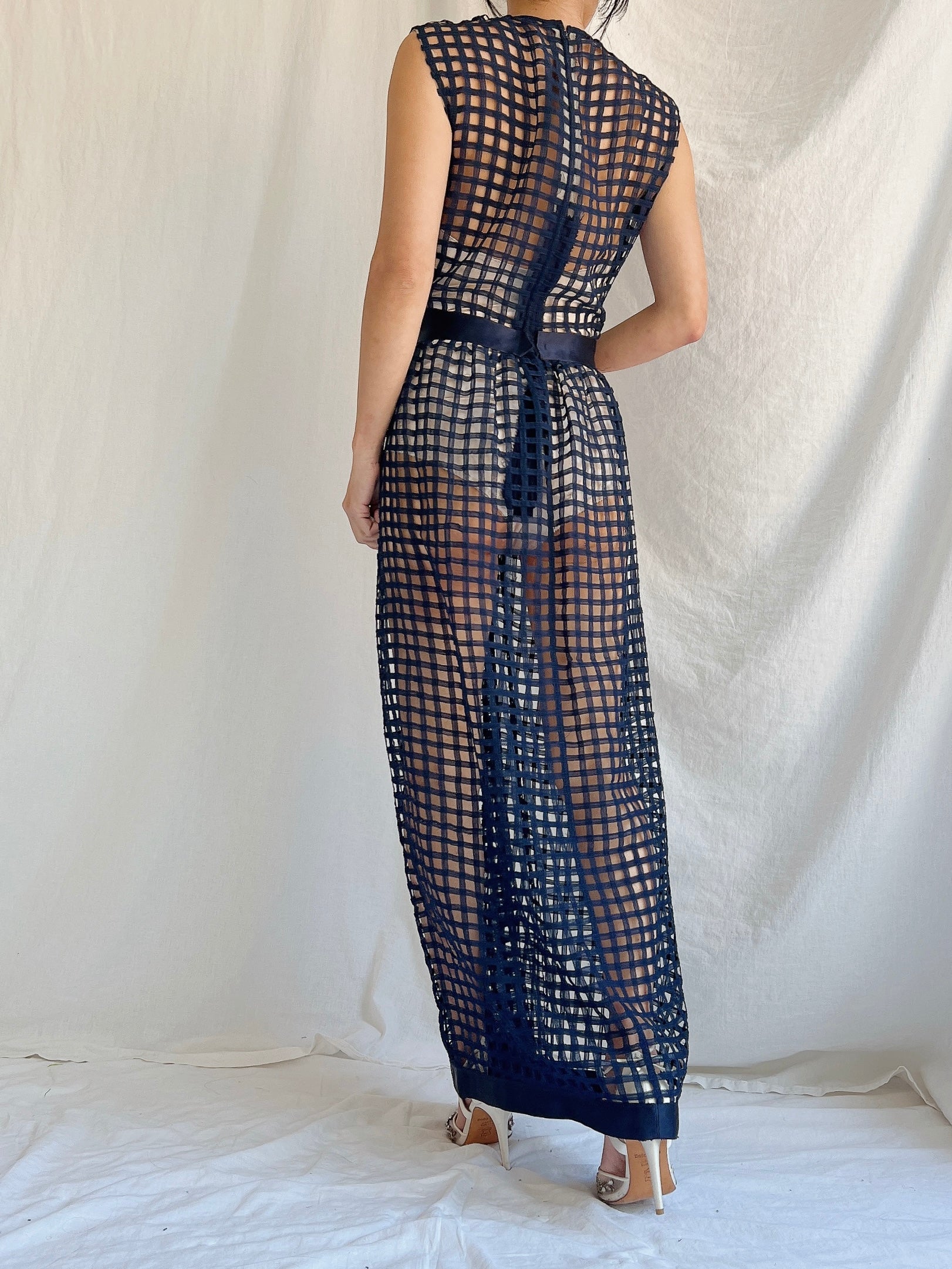 1960s Navy Blue Silk Woven Dress - S/M