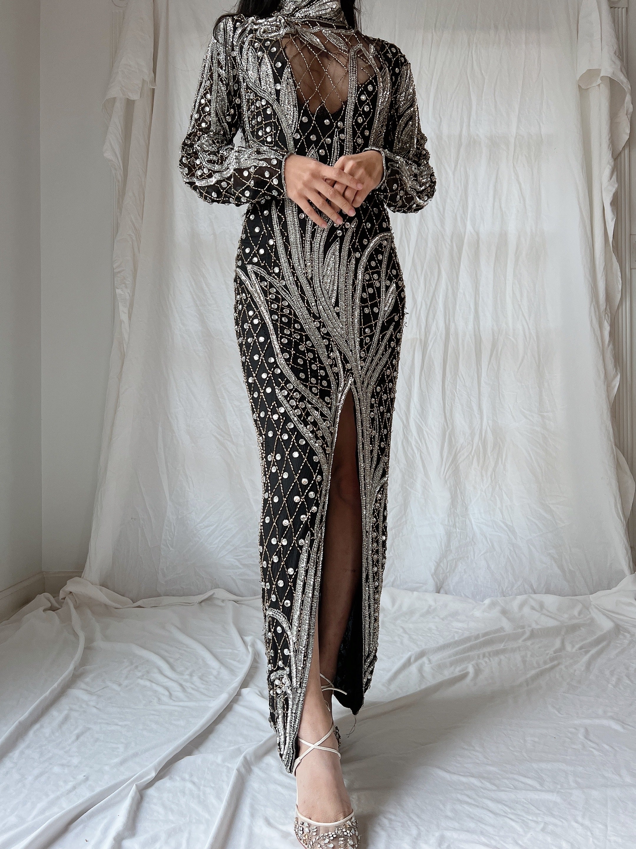 1980s Crystal Beaded Silk Gown - S/M