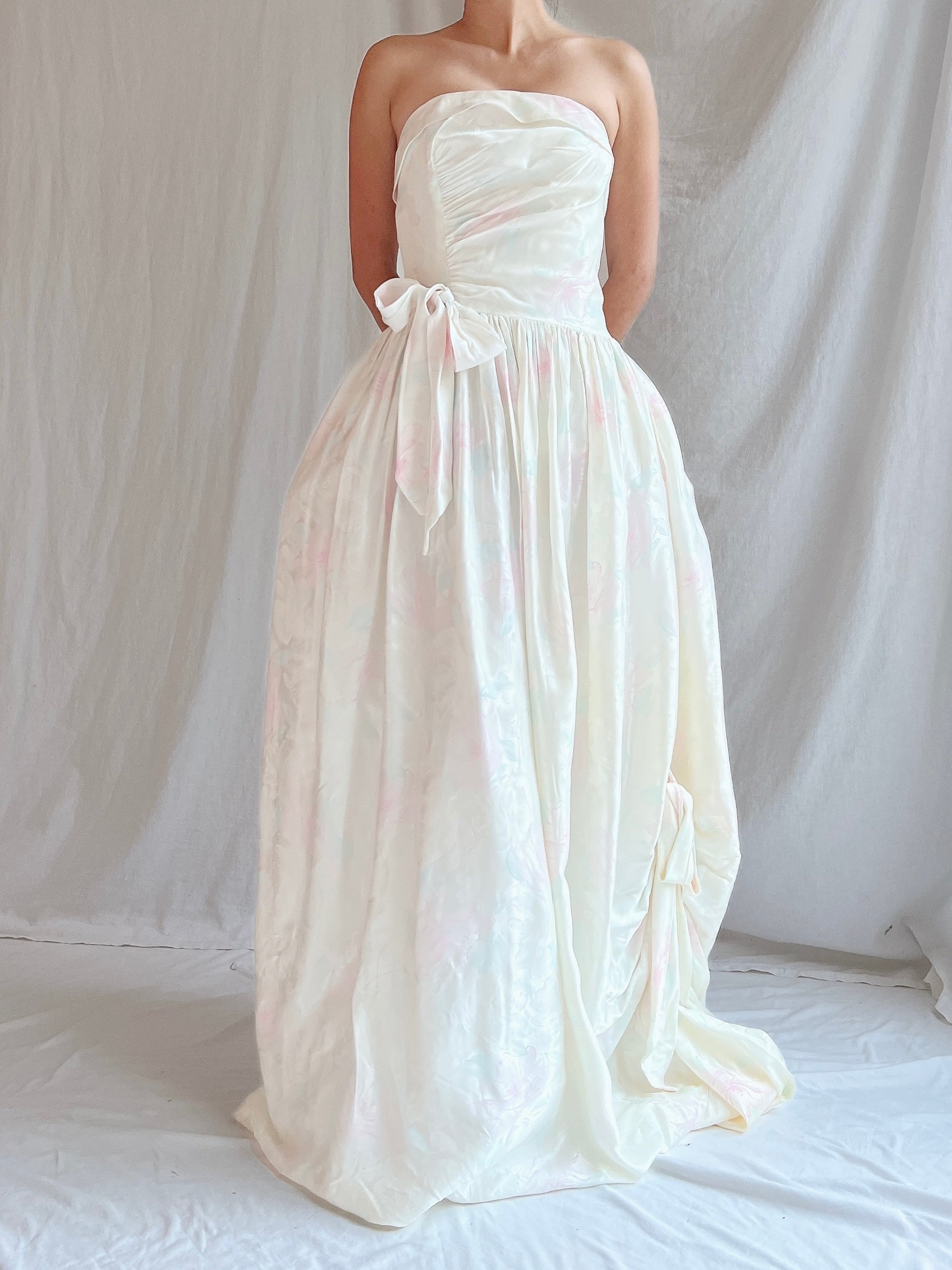 Vintage Strapless Satin Floral Gown - XS