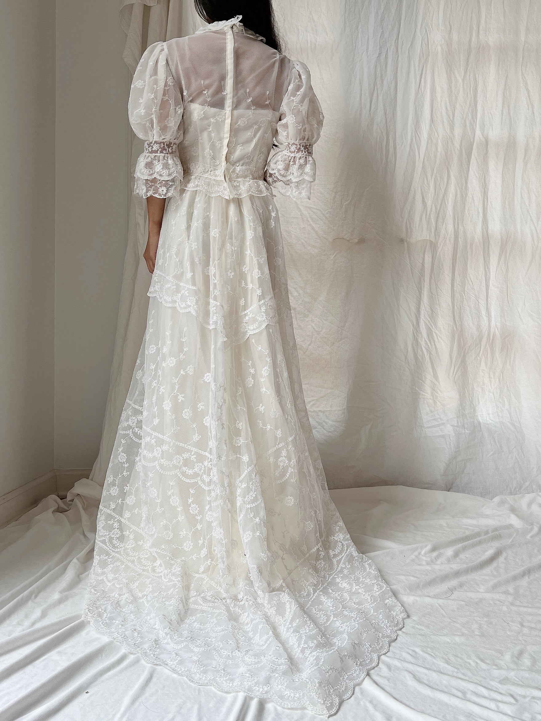 Vintage Needle Lace Puff Sleeve Gown - S