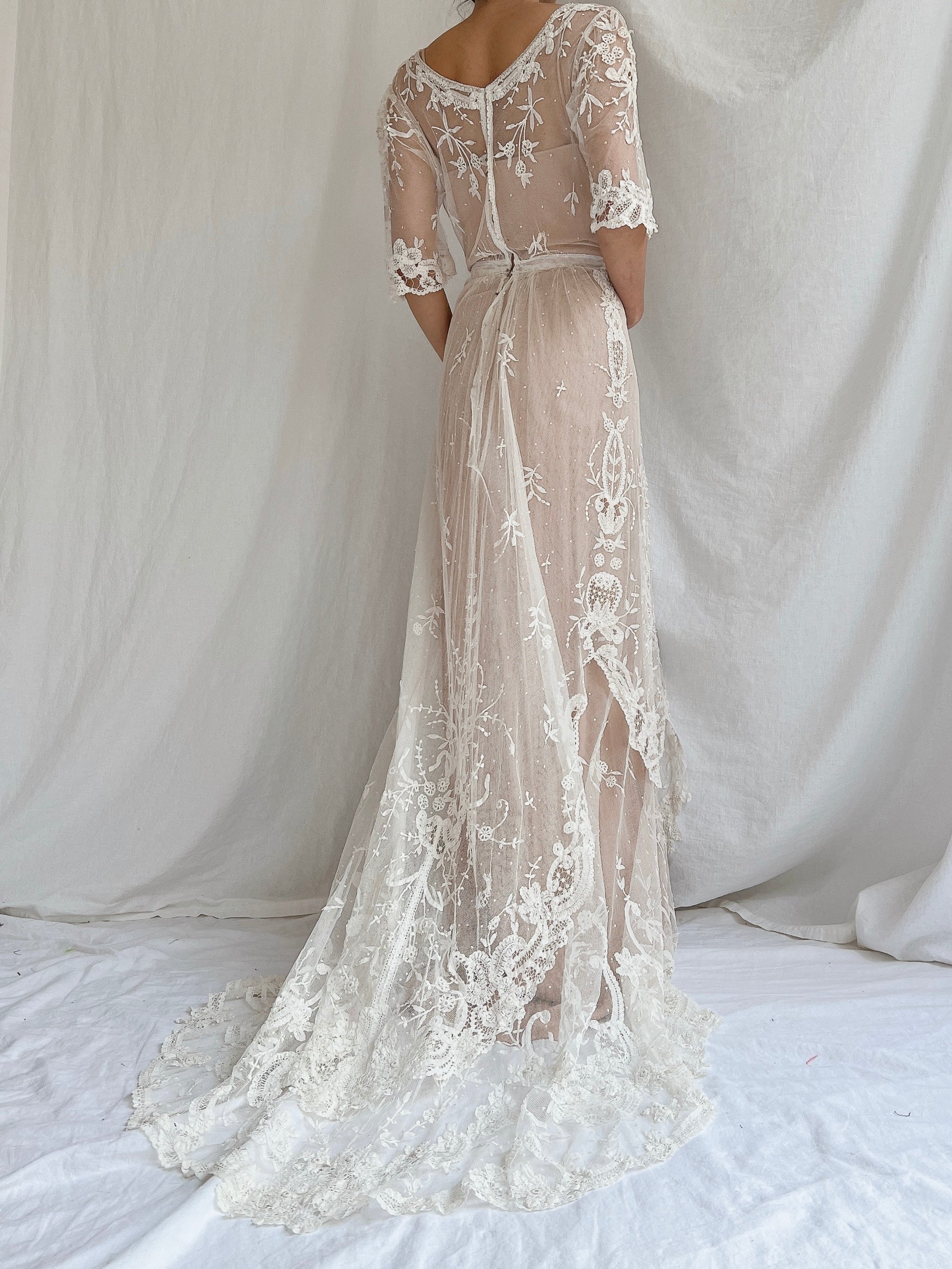 Antique Duchesse Lace Gown with Silk Slip - S