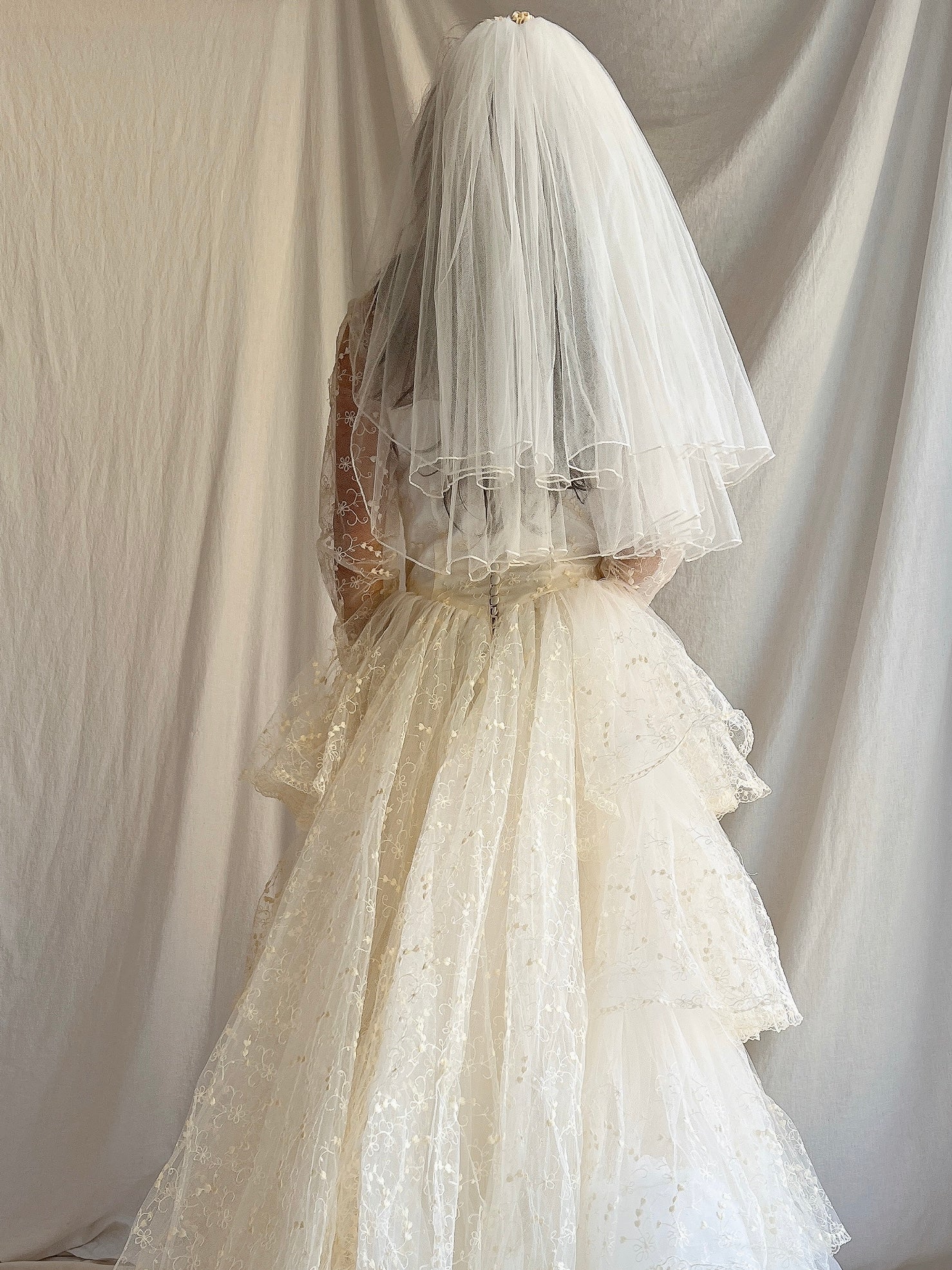 1980s Porcelain Ivory Double Layered Waist Length Tulle Veil