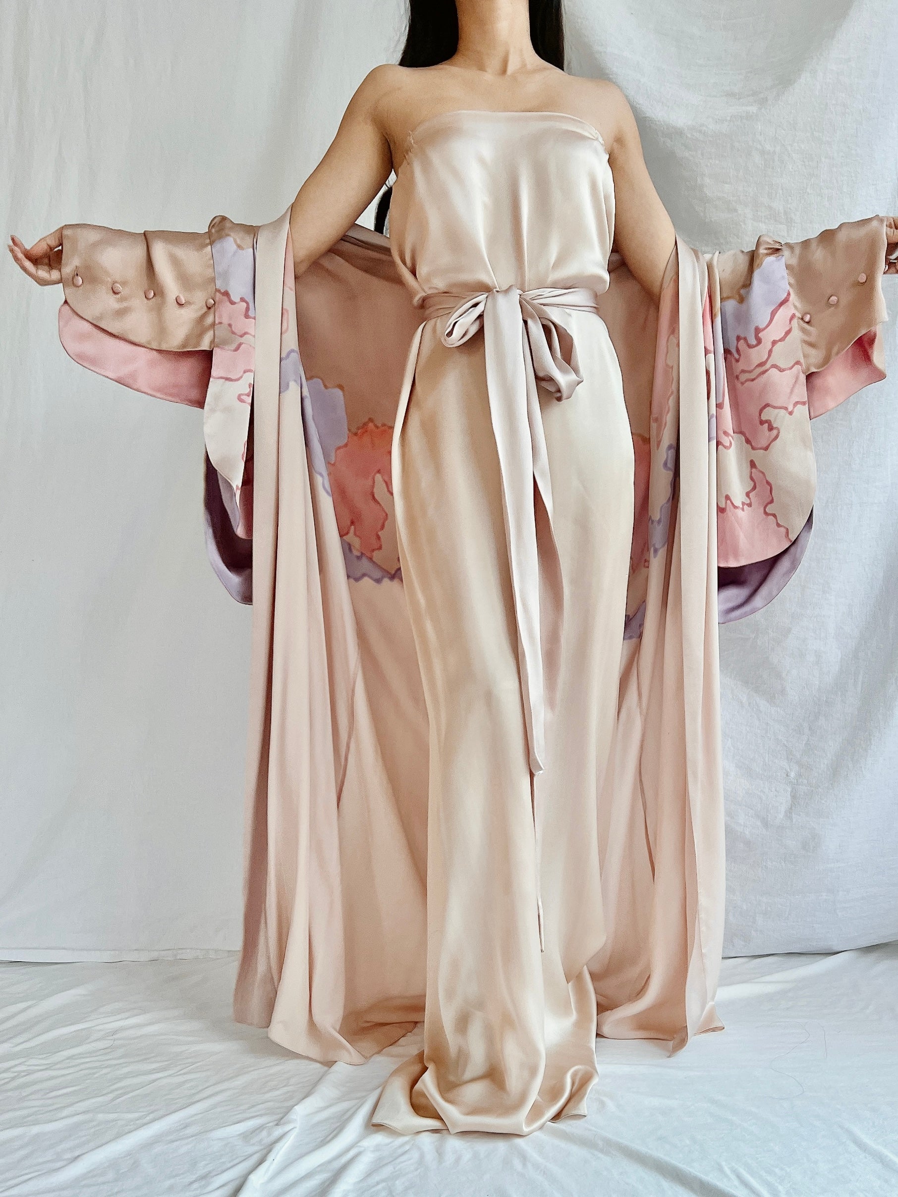 Vintage Silk Painted 2 Piece Gown Set - M/L