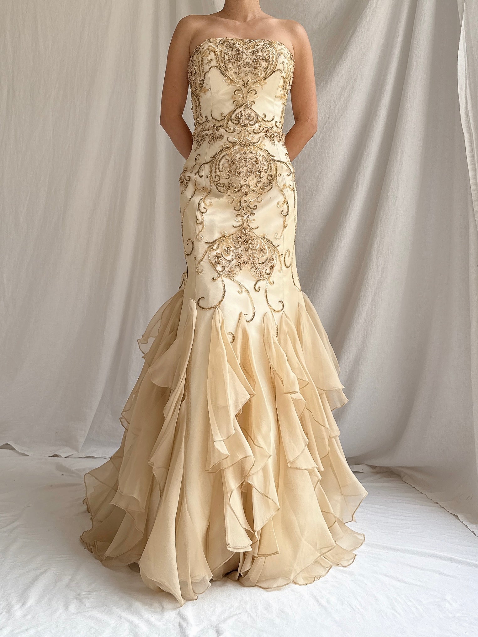 Vintage Silk Organza Beaded Dress - L