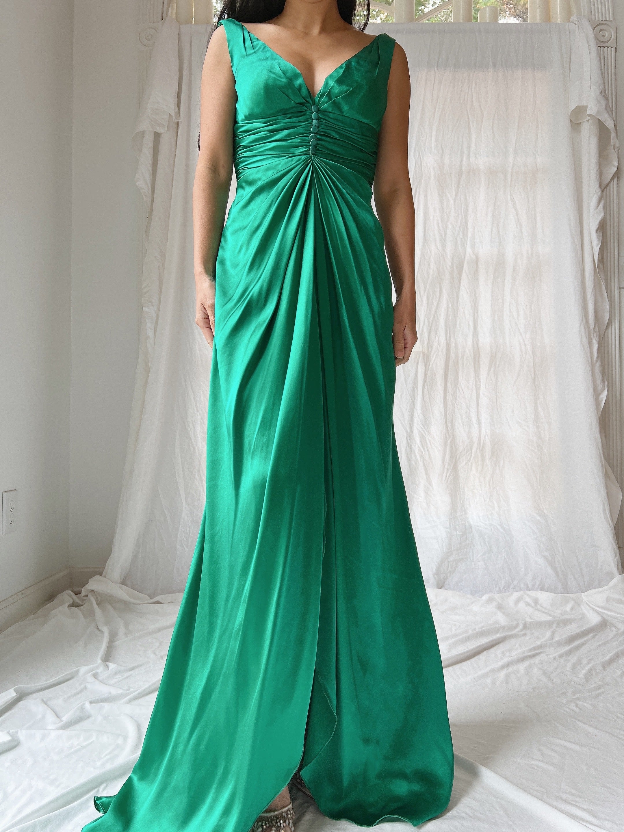 Vintage Emerald Silk Draped Dress - XS/2