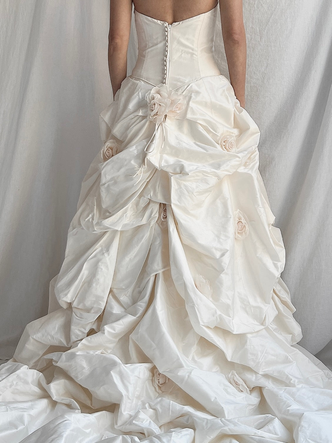 1990s Silk Dropped Waist Draped Rosette Gown - S/6
