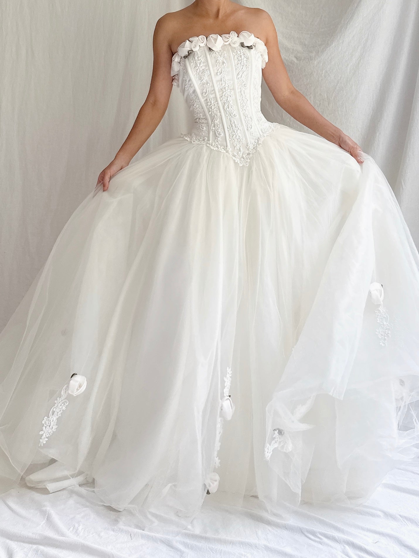 RESERVED 1980s Tulle Bustier Rosette Dress - S/4
