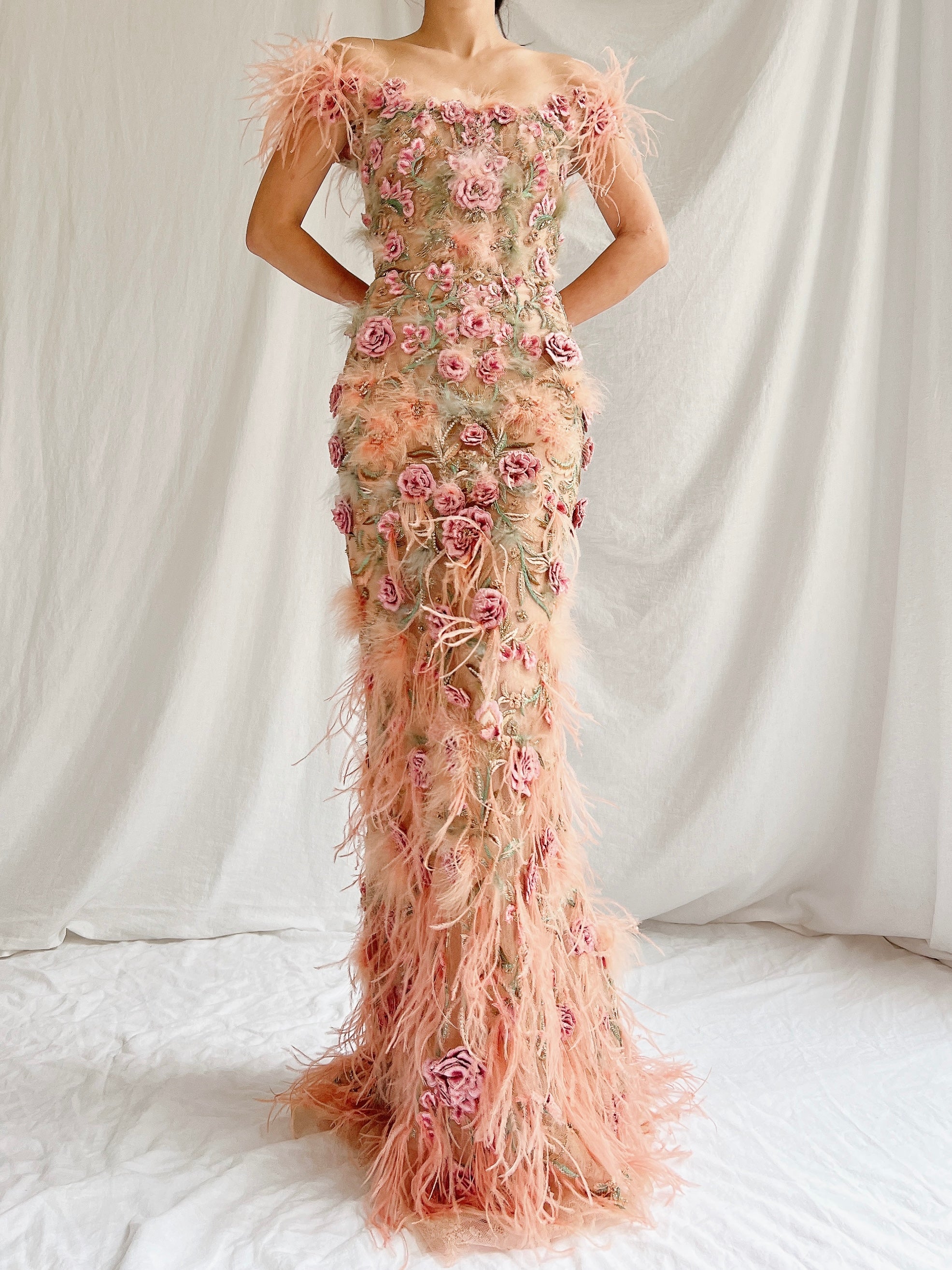 Marchesa Peach Feather 3D Embellished Gown - XS