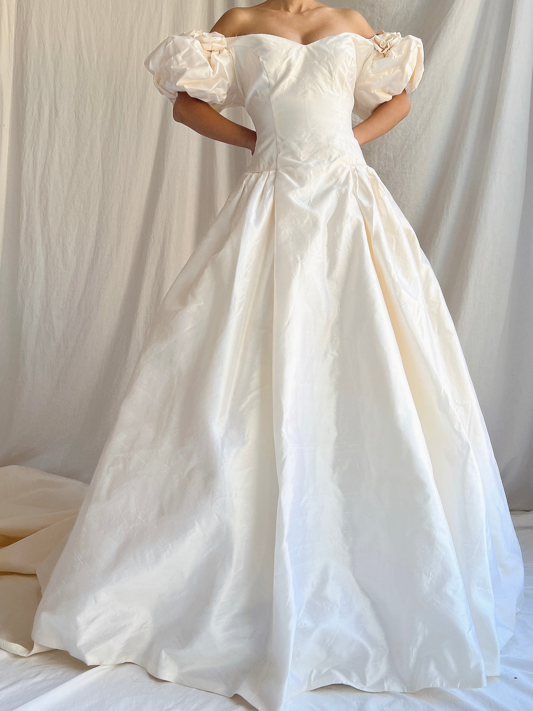 “RESERVED” 1980s Raw Silk Gown Off-the-Shoulder Gown - S/4