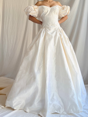 “RESERVED” 1980s Raw Silk Gown Off-the-Shoulder Gown - S/4