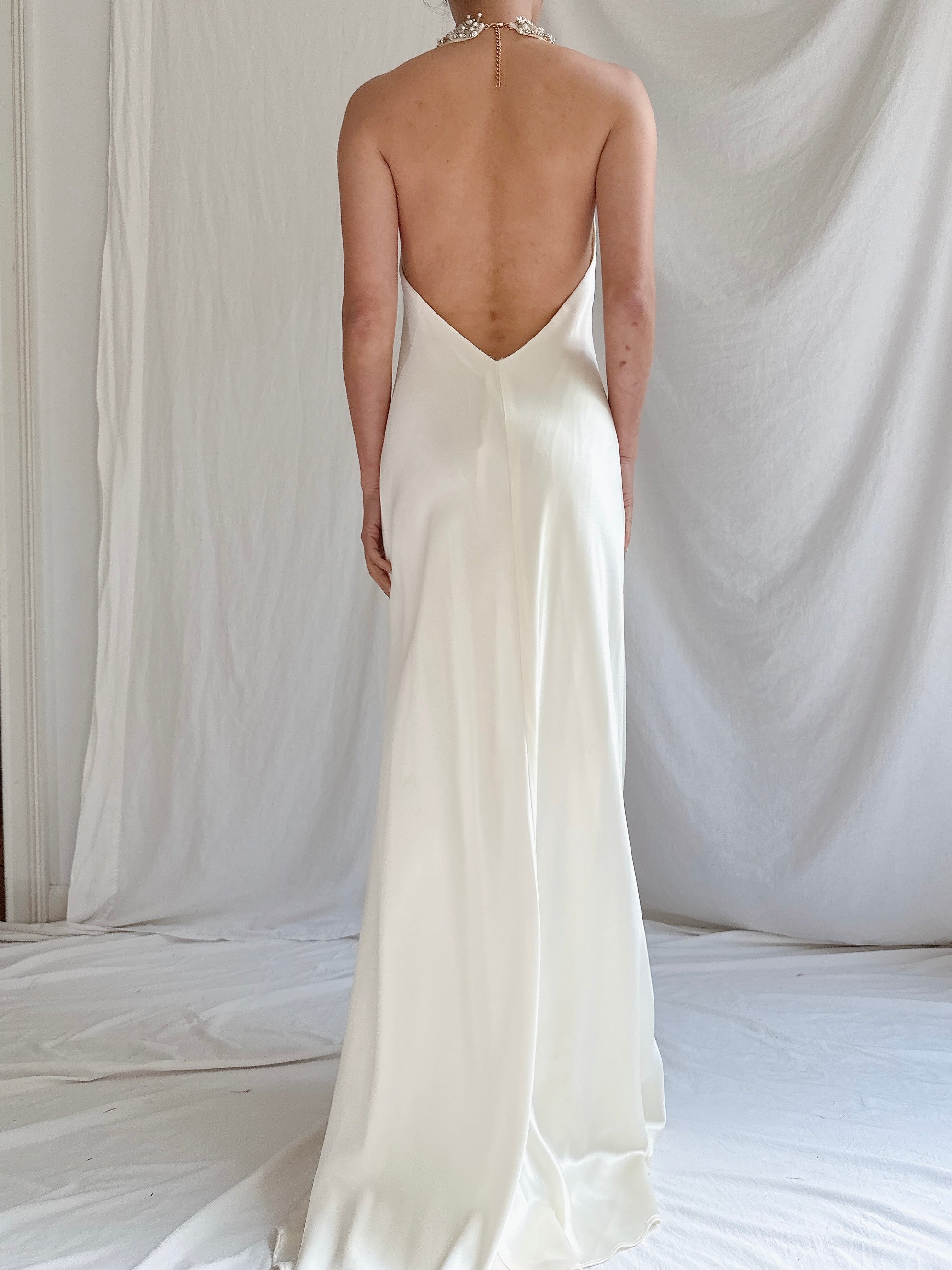 Vintage Satin Beaded Collar Gown - M