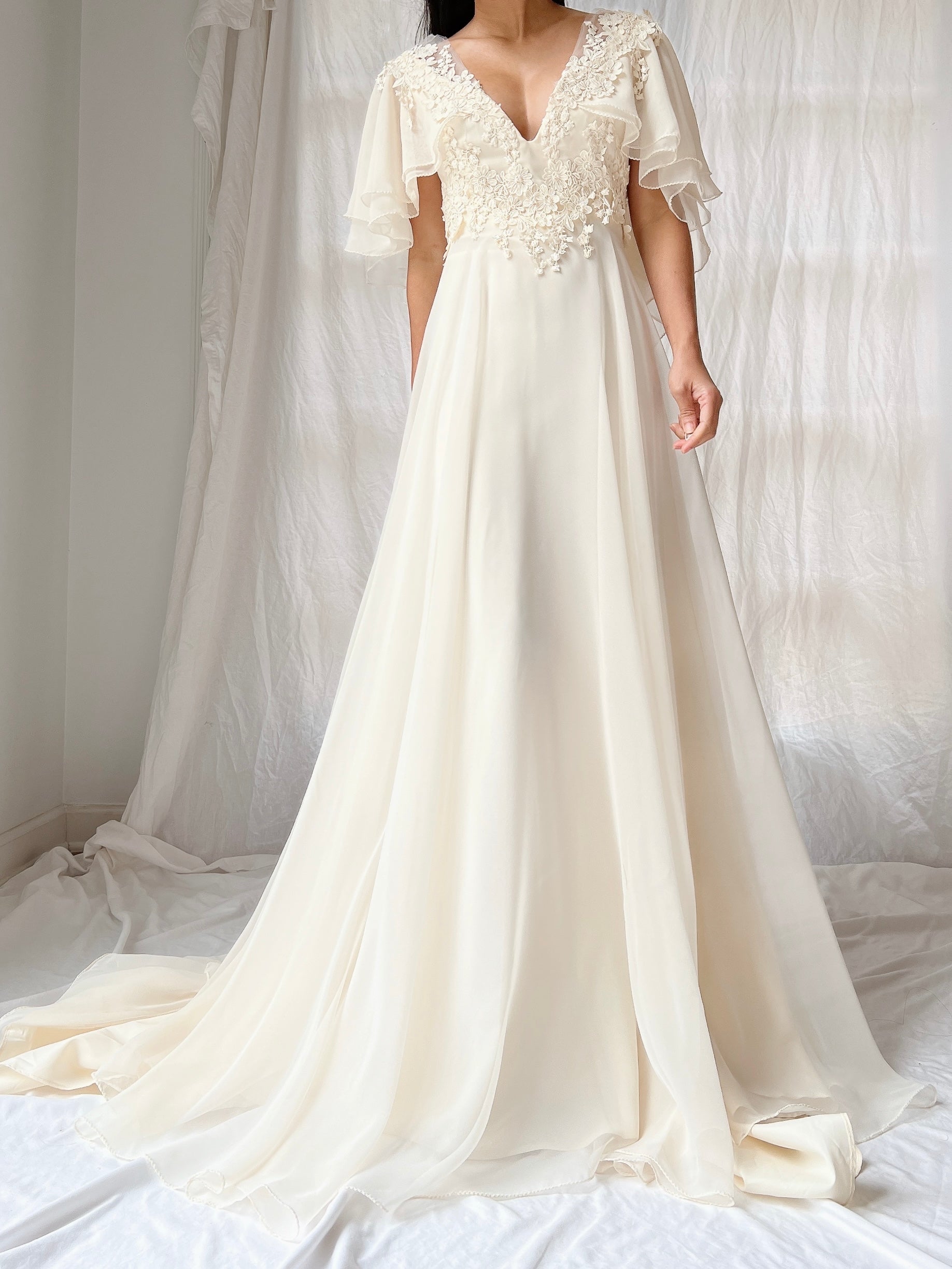 Vintage Flutter Sleeve Chiffon Dress - S/M