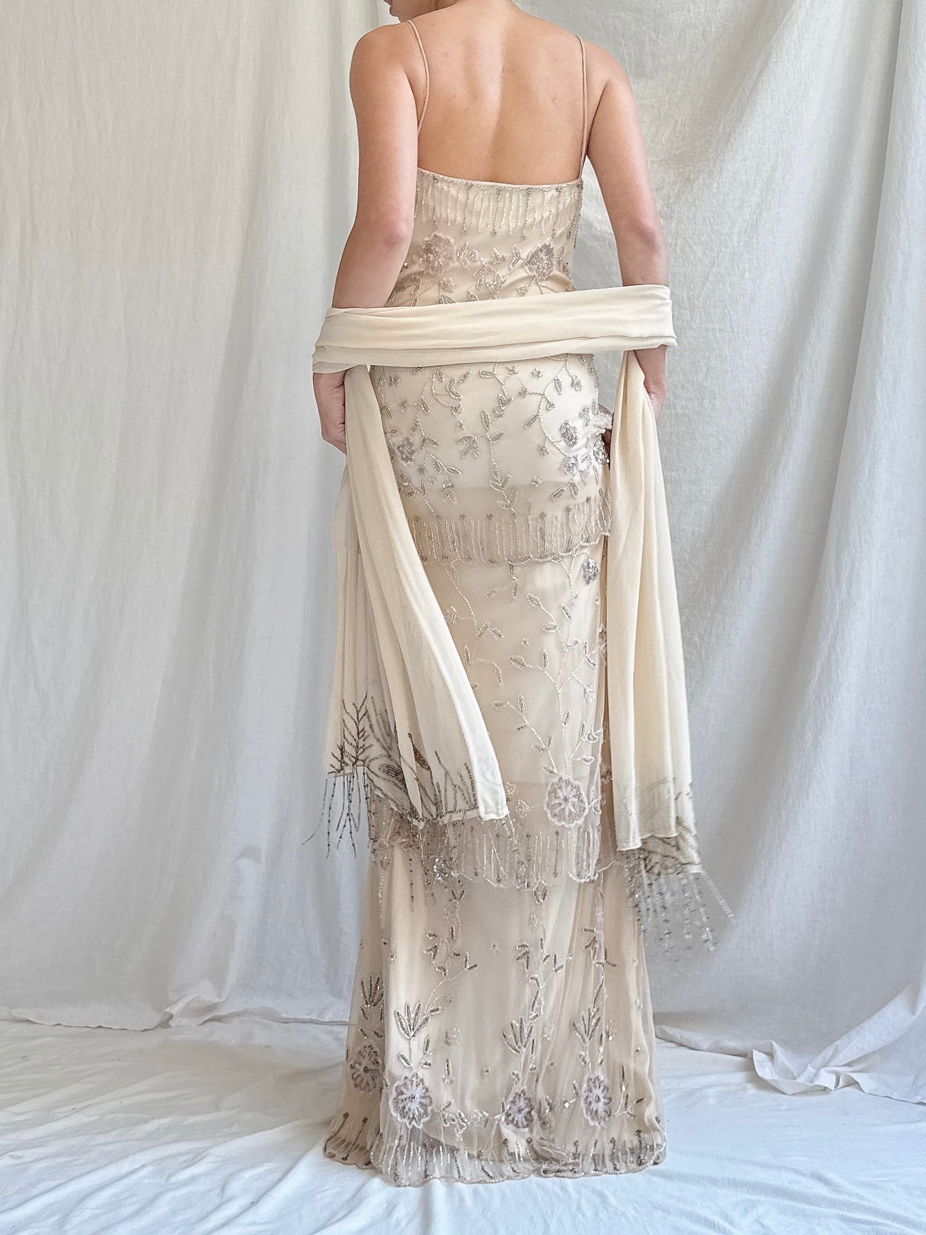 Vintage Ecru Tulle Beaded Tiered Column Gown with Silk Scarf - L