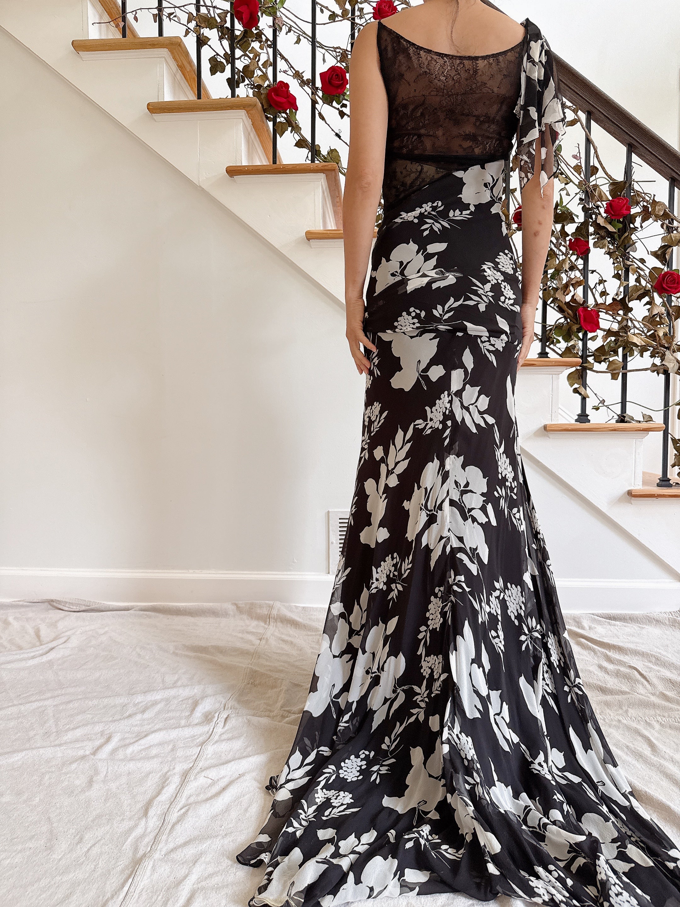 Vintage Belleville Sassoon Silk Lace Black White Flower Gown - UK 16
