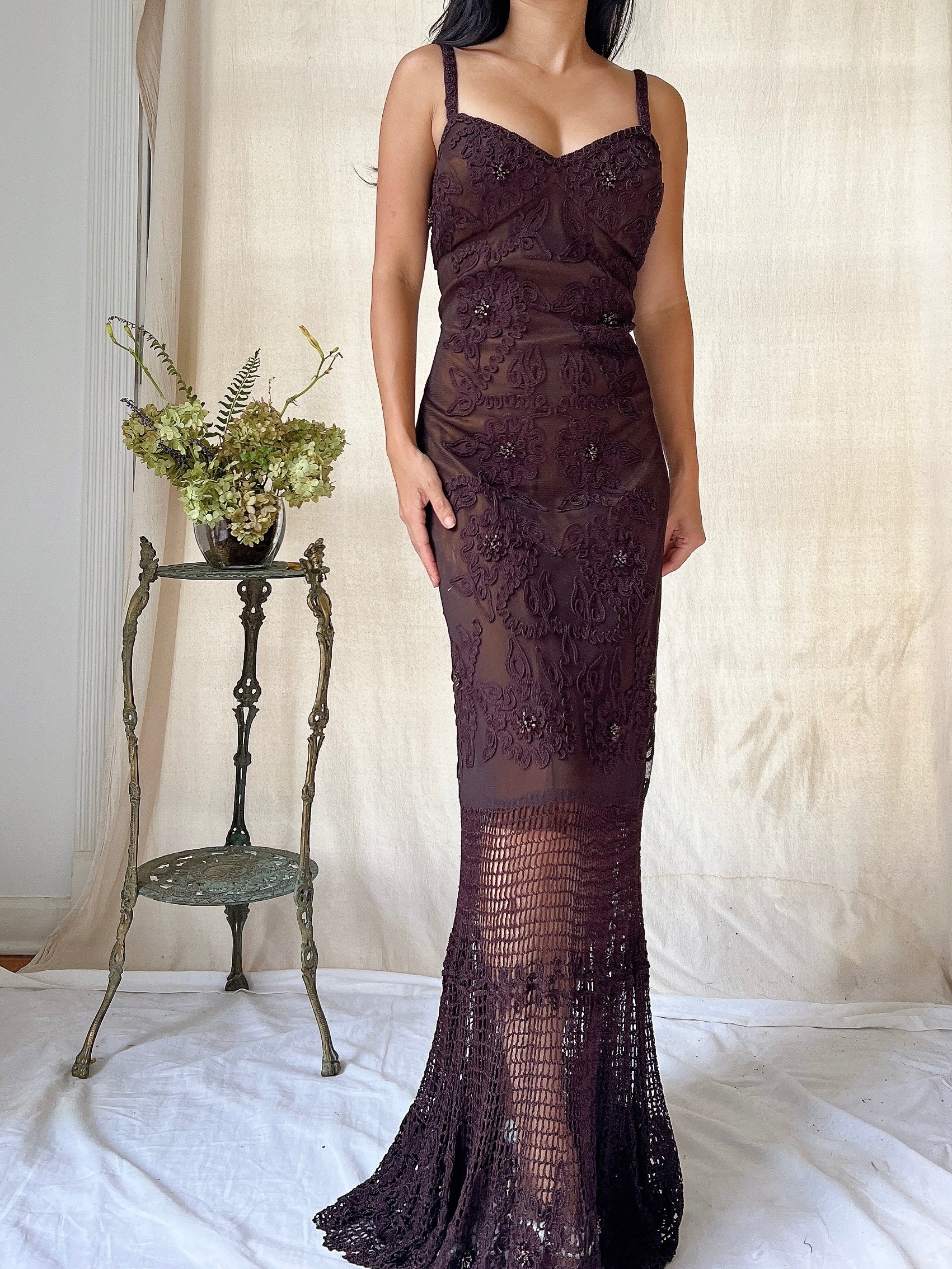 Vintage 2-Piece Chocolate Crochet Set - M