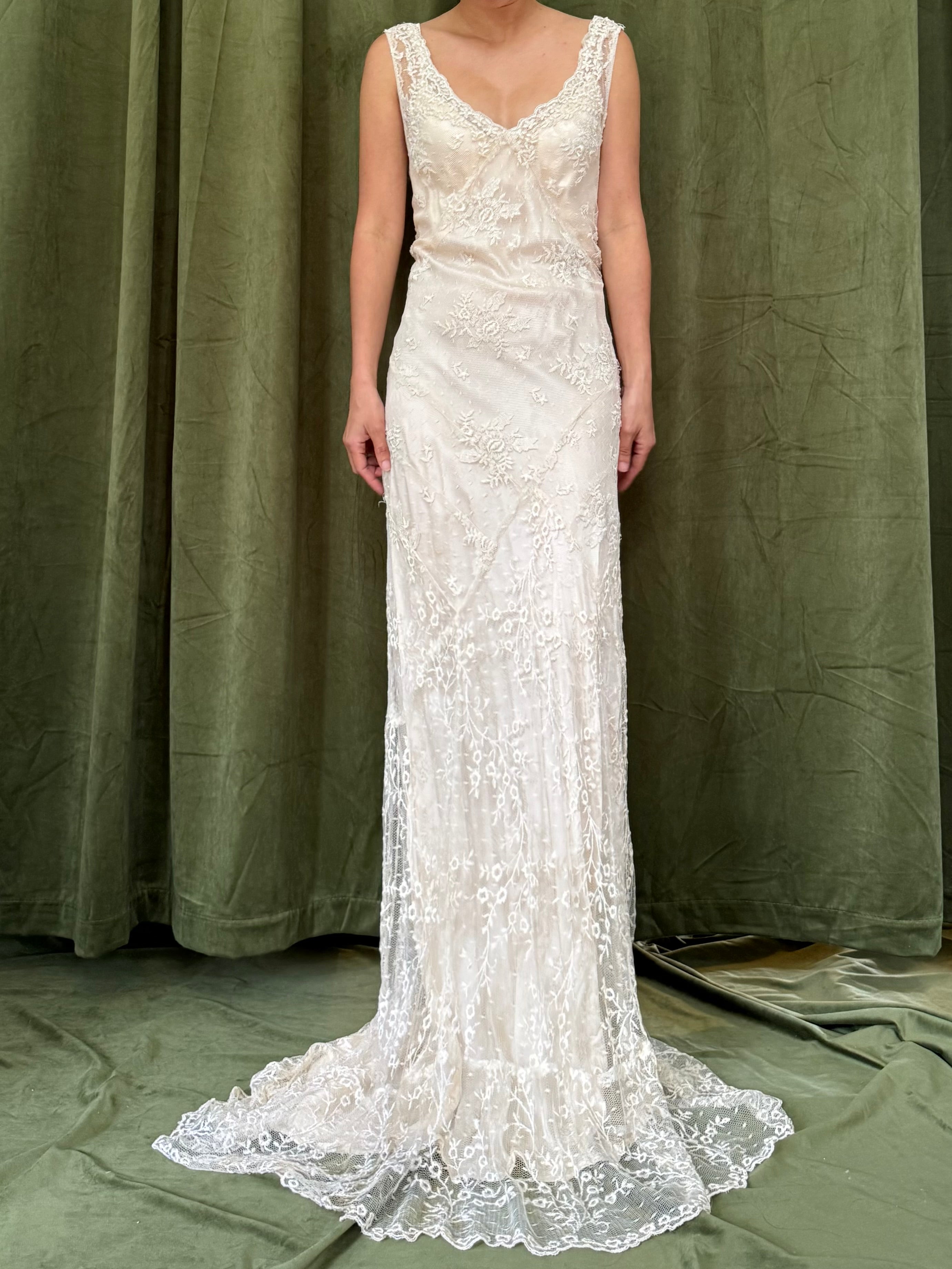 Vintage Beaded French Lace Gown with Silk Slip - S/M