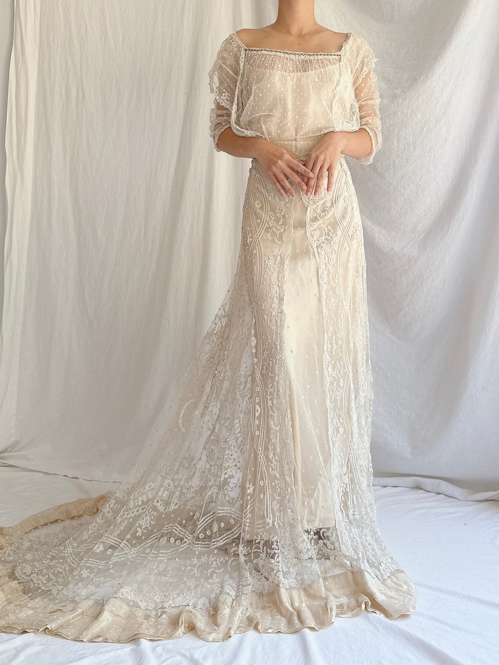 Antique Duchesse Lace Gown with Silk Slip - S