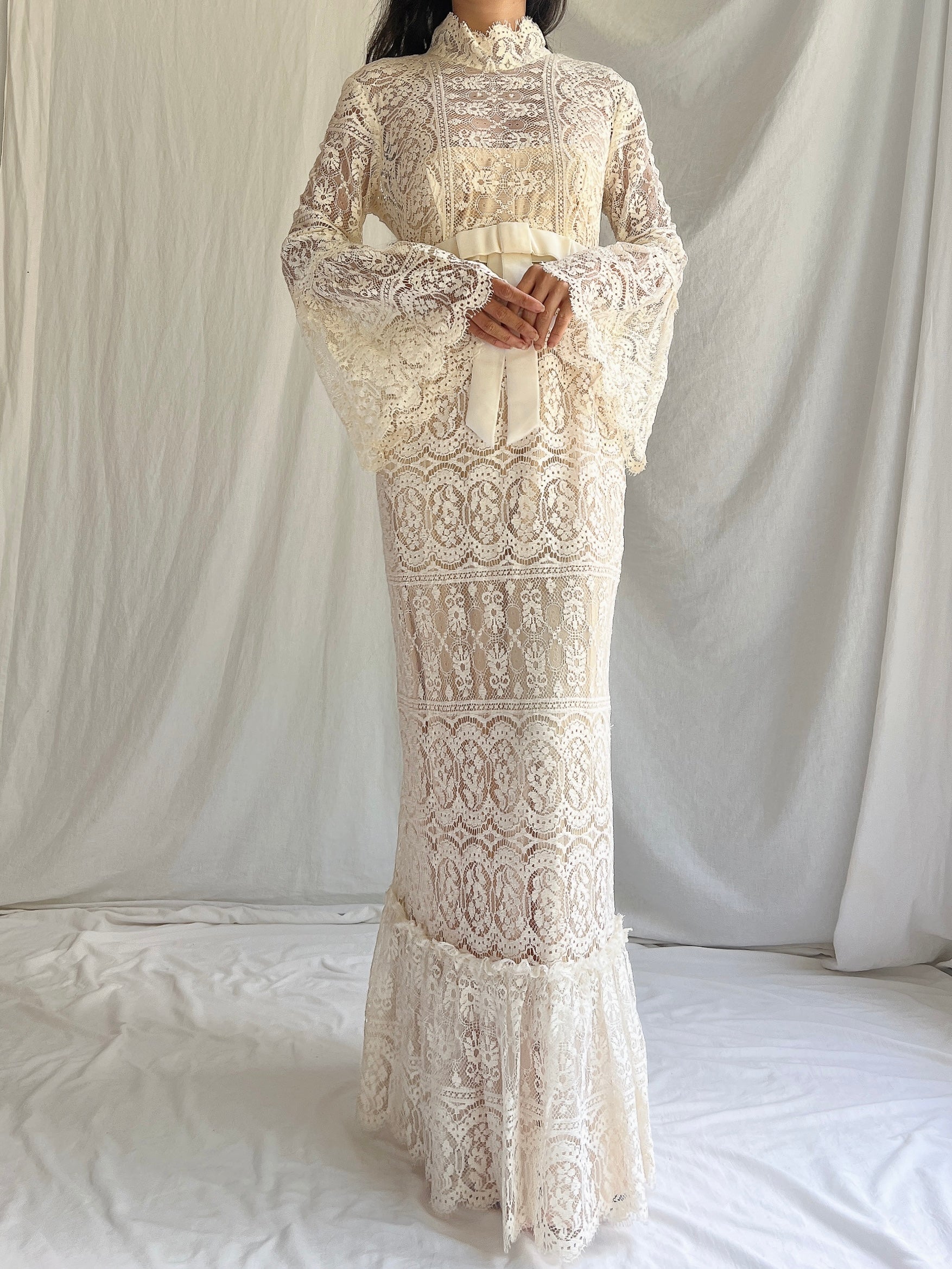 1970s Bell Sleeves Crochet Dress - XS
